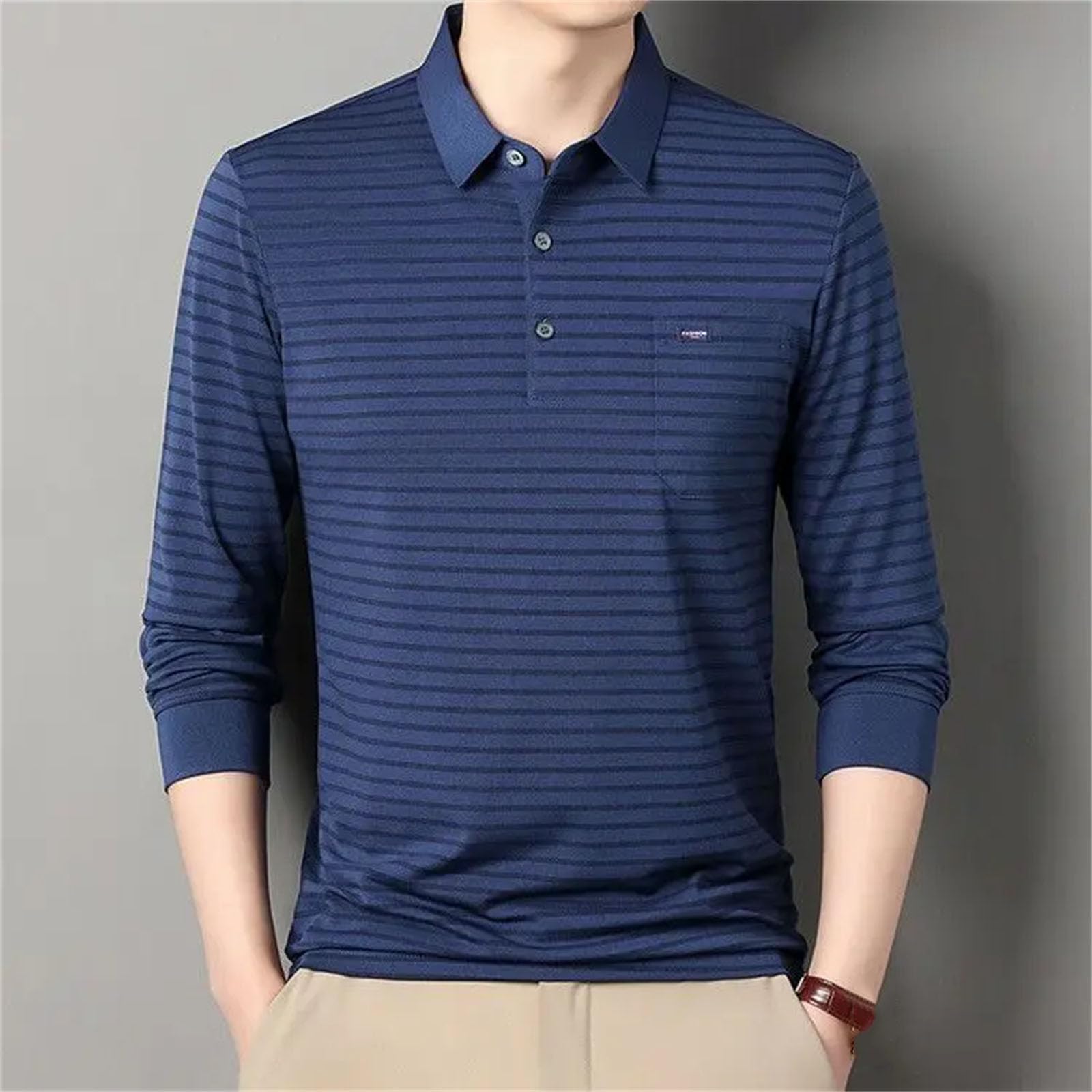 Camiseta de manga larga para hombre de mediana edad, con solapa, base fina, para ancianos de mediana edad