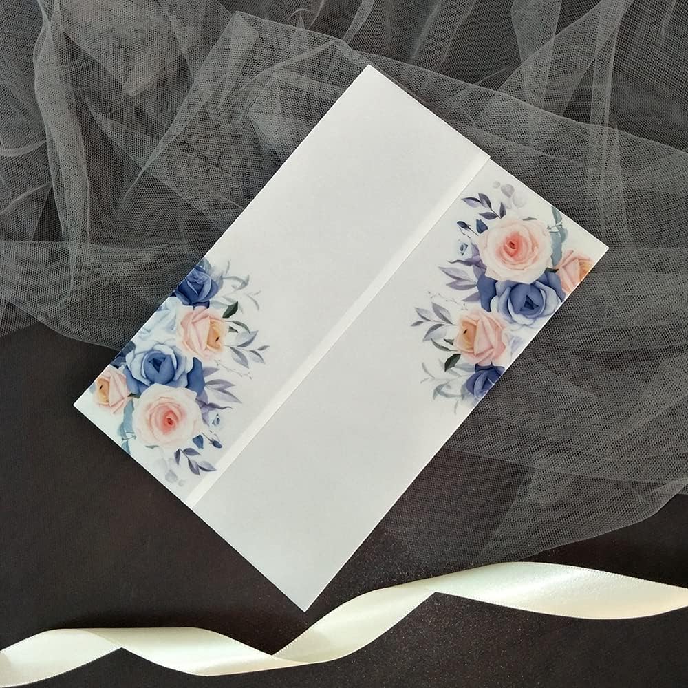 Translucent Envelopes,Vellum Jackets, 50PC/LOT Transparent Watercolor Floral Wedding Invitation Card Cover Semi Invites Jacket Wrap(Color:Flower, Size : Wrap N Invitation) (Color : Blue flower, Siz