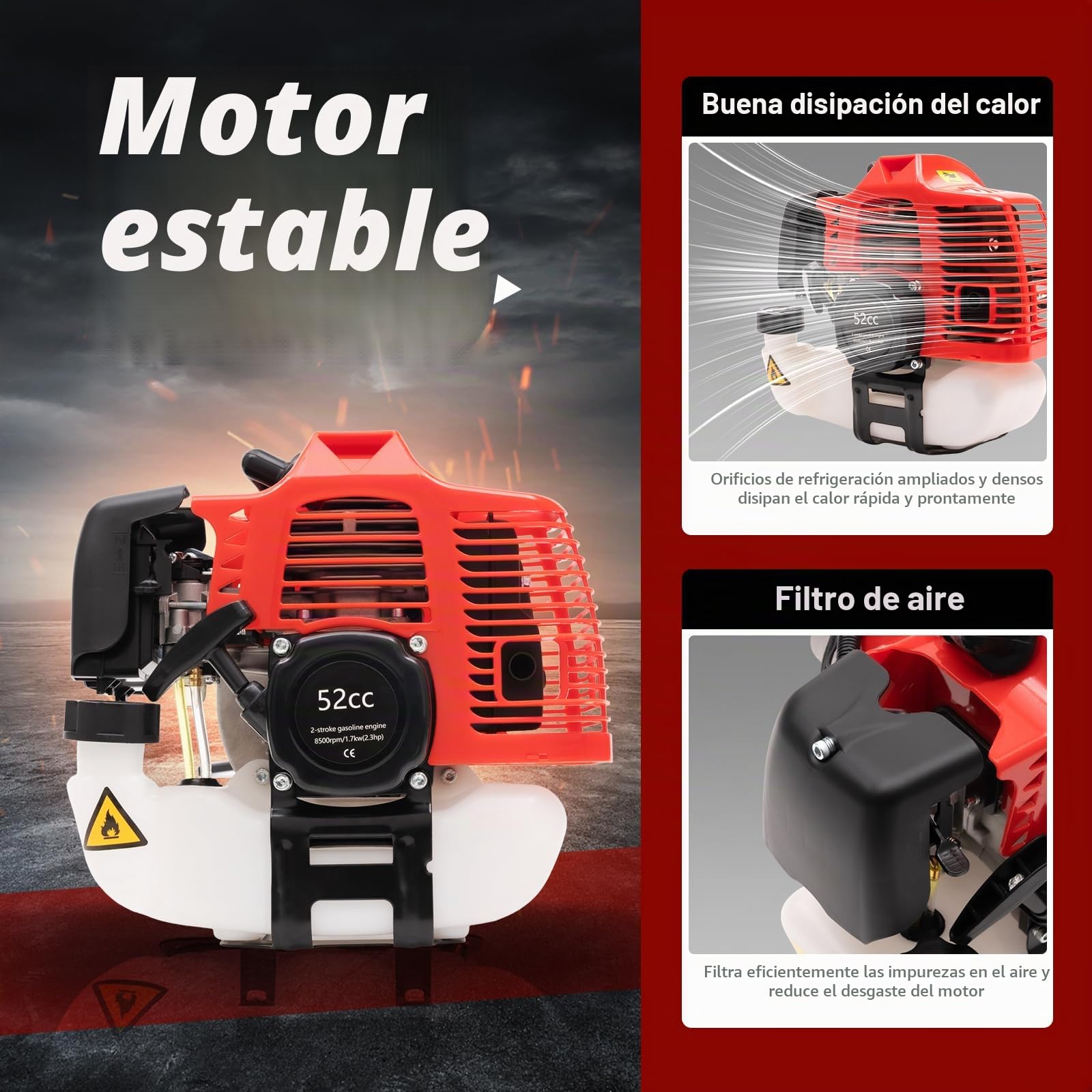 Barredora de gasolina, 52 cc, 2,3 CV, cepillo de motor de gasolina, escoba de mano, quitanieves para la limpieza de césped, hojas, césped artificial, hierba y grava