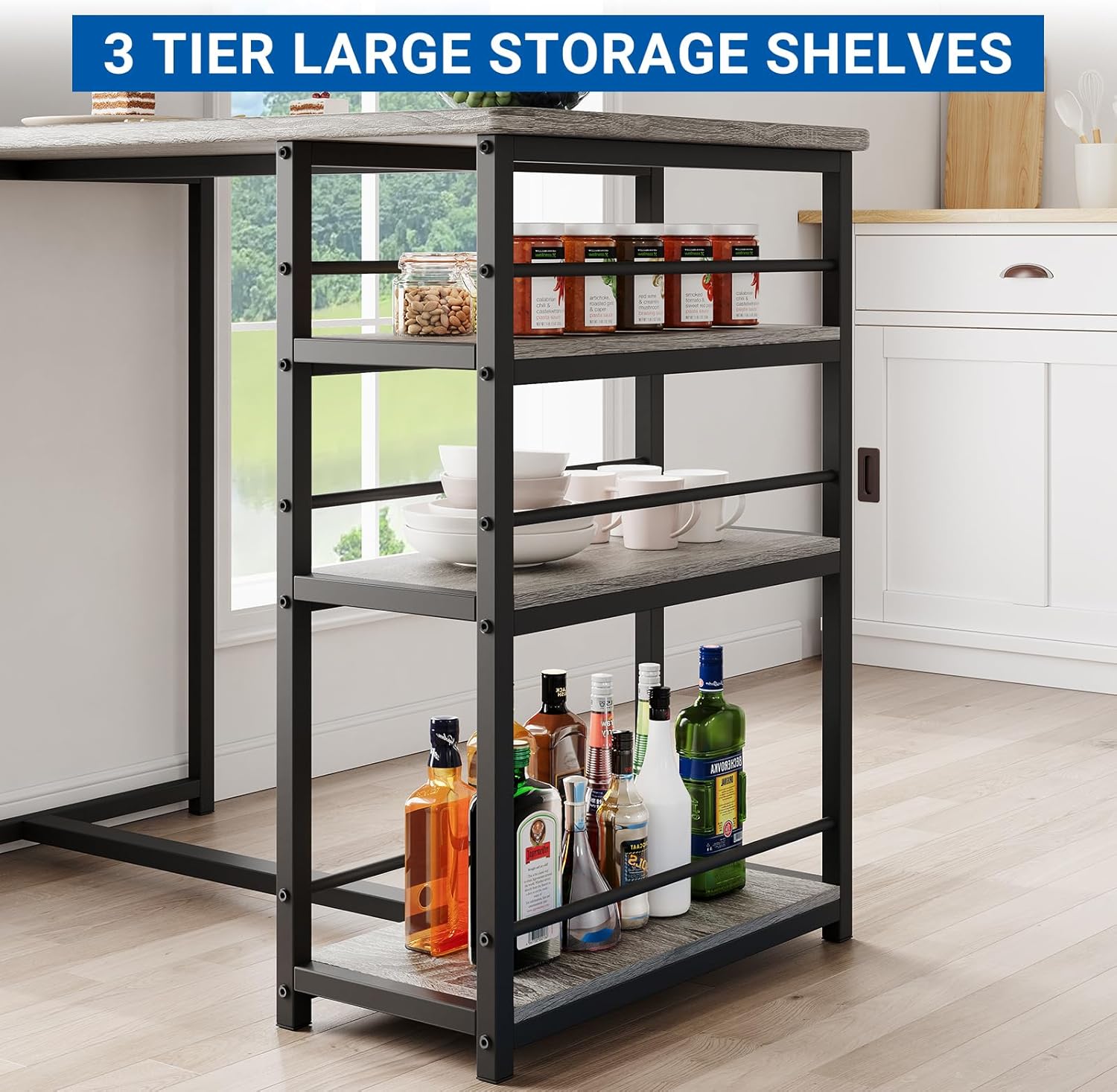 3-Piece Bar Table and Chairs Set with 3 Tier Storage Shelves, Dining Table Set for 2 with PU Cushion Bar Chairs & & MDF Board Top, Tall Kitchen Breakfast Nook Small Space, Apartment, Gray