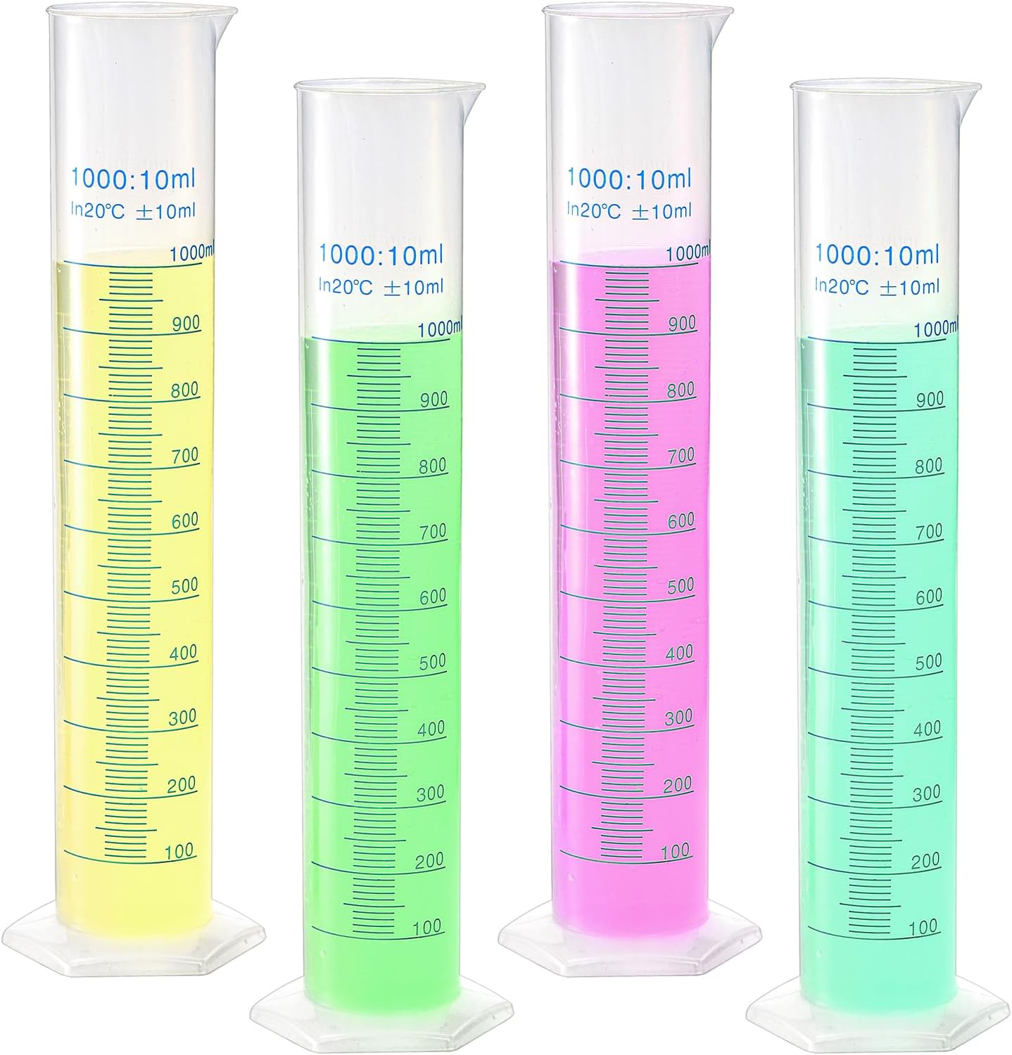 4 Pack 1000ml Plastic Graduated Cylinder with Stable Base, Plastic Measuring Cylinder 2-Sided Marking Lab Cylinders, Clear Measuring Cylinder for Science Projects, Laboratory Supplies