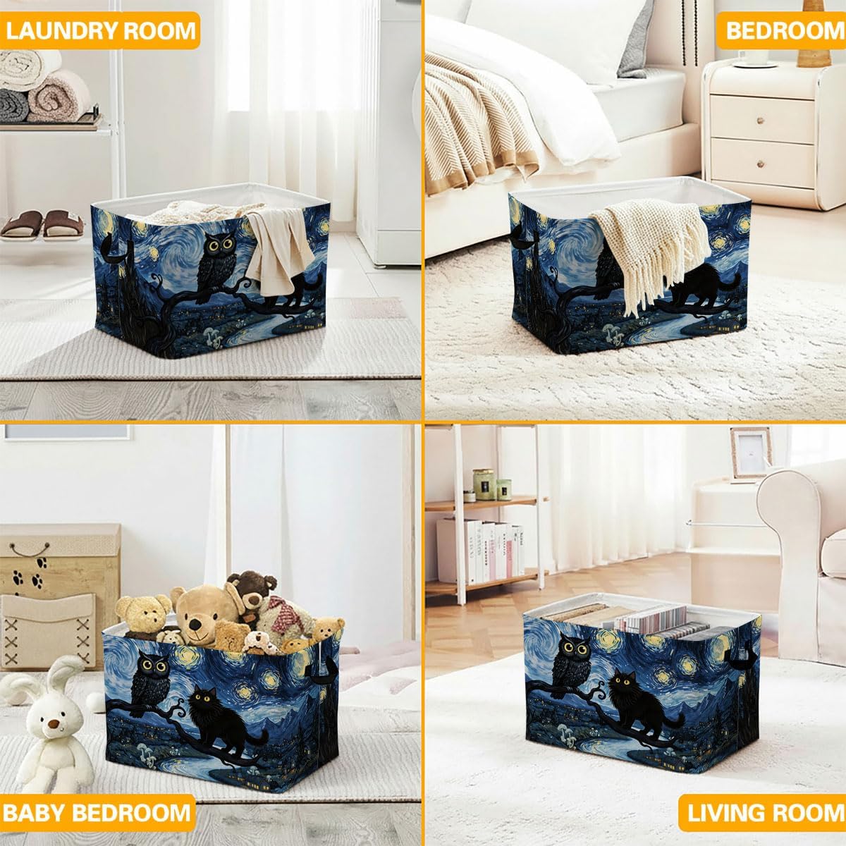 Owls and Cats Laundry Hamper with Handles,Large 56L Foldable Square Clothes Basket Multi‑Use Blanket Storage Bins for Organizing Books,Toys,Gifts,Room Decoration,Laundry Room,Dorm Nursery image 5