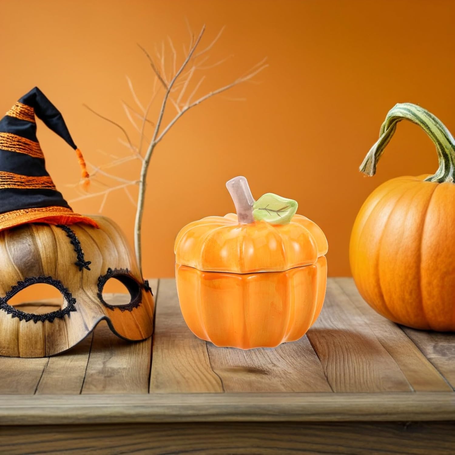 Pumpkin Cookie Jar with Lid, 14x13.5x13.5cm Ceramic Food Storage Canister, Airtight Porcelain Candy and Nut Container for Halloween Party and Seasonal Kitchen Decor