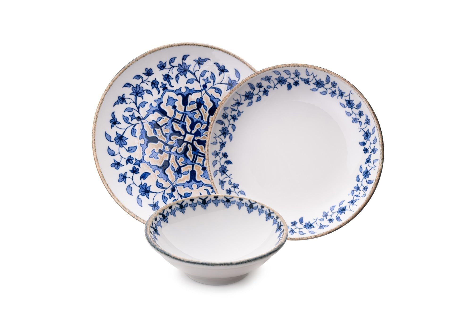 Elegancki 18-częściowy zestaw obiadowy, 100% porcelana, niebieska i biała, w zestawie 6 talerzy serwisowych (25 cm), 6 talerzy (21 cm), 6 miseczek (400 ml), idealny na posiłki i rozrywki