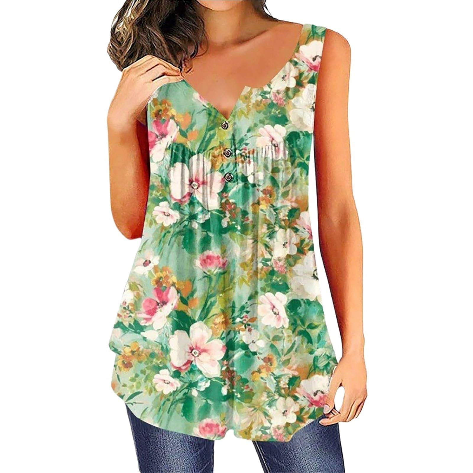 Camiseta de Tirantes algodón con Cuello Redondo y Estampado Floral for Mujer, Informal, sin Mangas, Dobladillo Irregular para Mujer