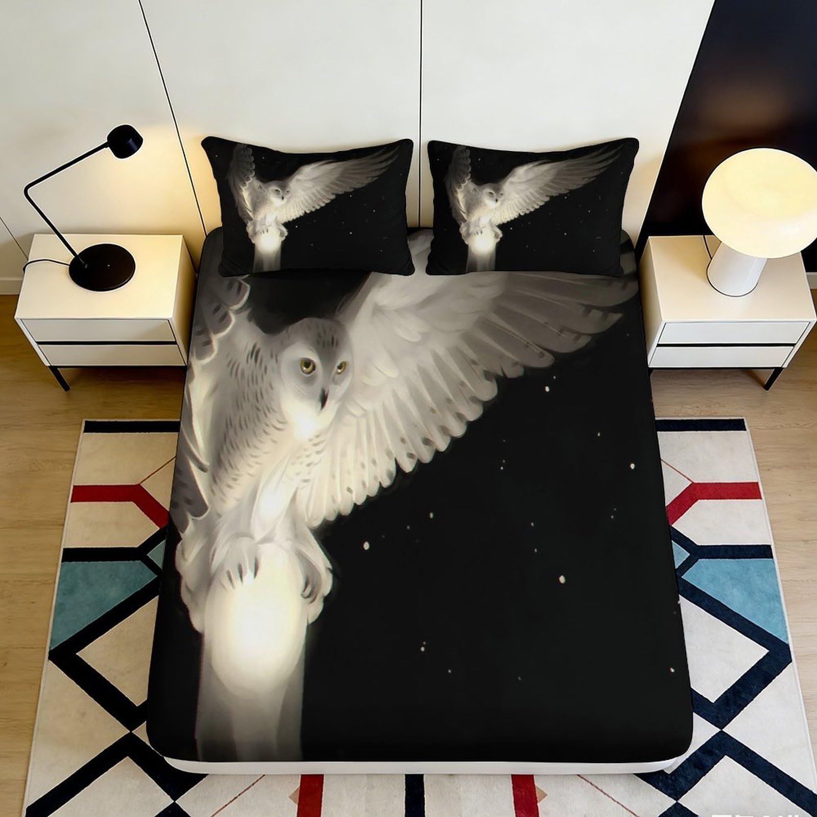 3D Printed Night Owl Fitted Sheet Microfiber Deep Pocket Non-Slip Bedroom Bedding Night Owl Mattress Fitted Cover Washable 120x200x25cm