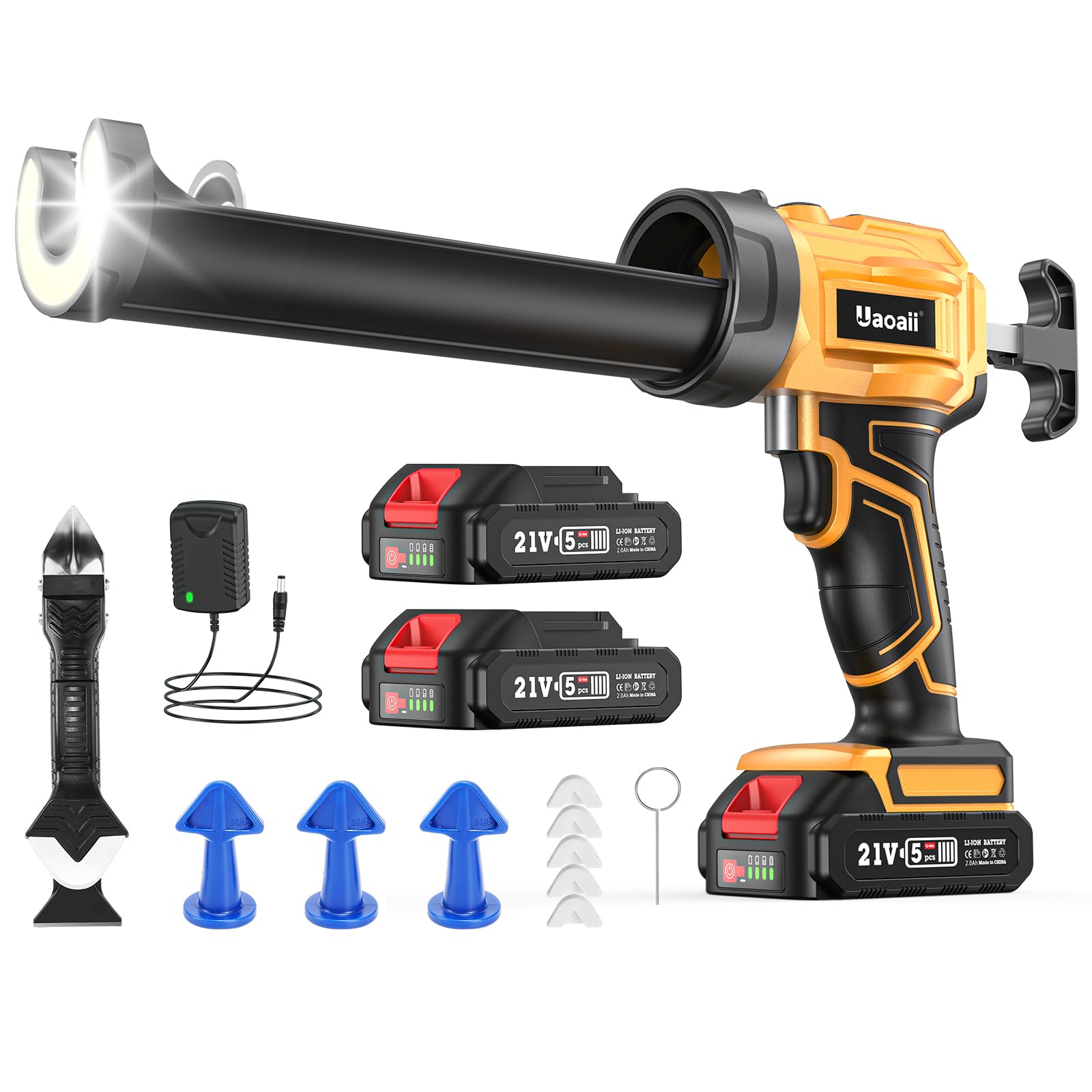 Electric Caulking Gun, Cordless Caulking Gun with 2x 2000mAh Batteries, 9Pcs Silicone Caulking Tools, 4 Adjustable Speeds, LED Light, 10OZ Battery Silicone Gun for Filling, Sealing (Yellow)