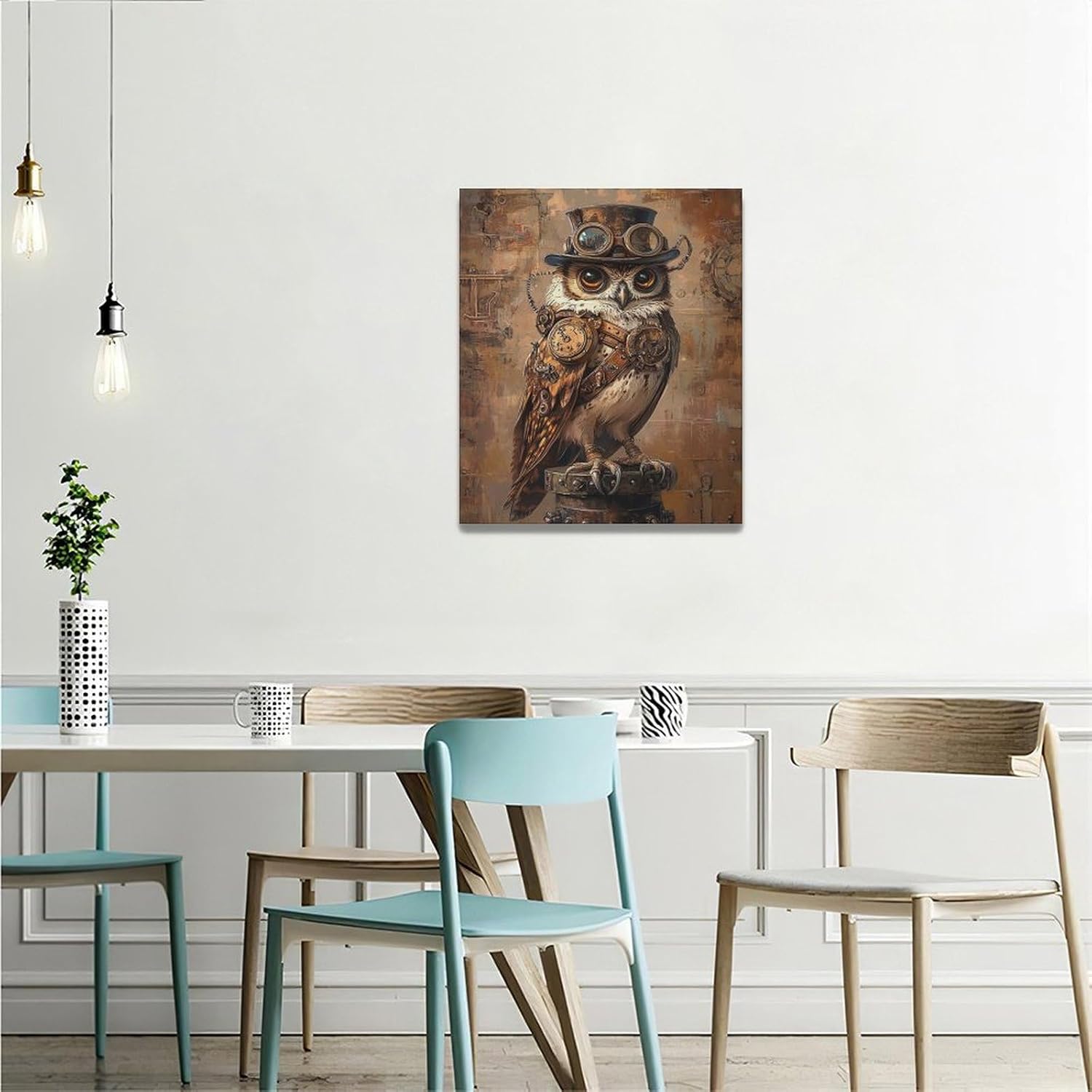 Olivine Steampunk Wall Art, Owl Pictures Wall Decor, Retro Steam Punk Bird Canvas Prints Painting, Framed Artwork for Living Room Bedroom Bathroom Office Home Decor 24"x20"