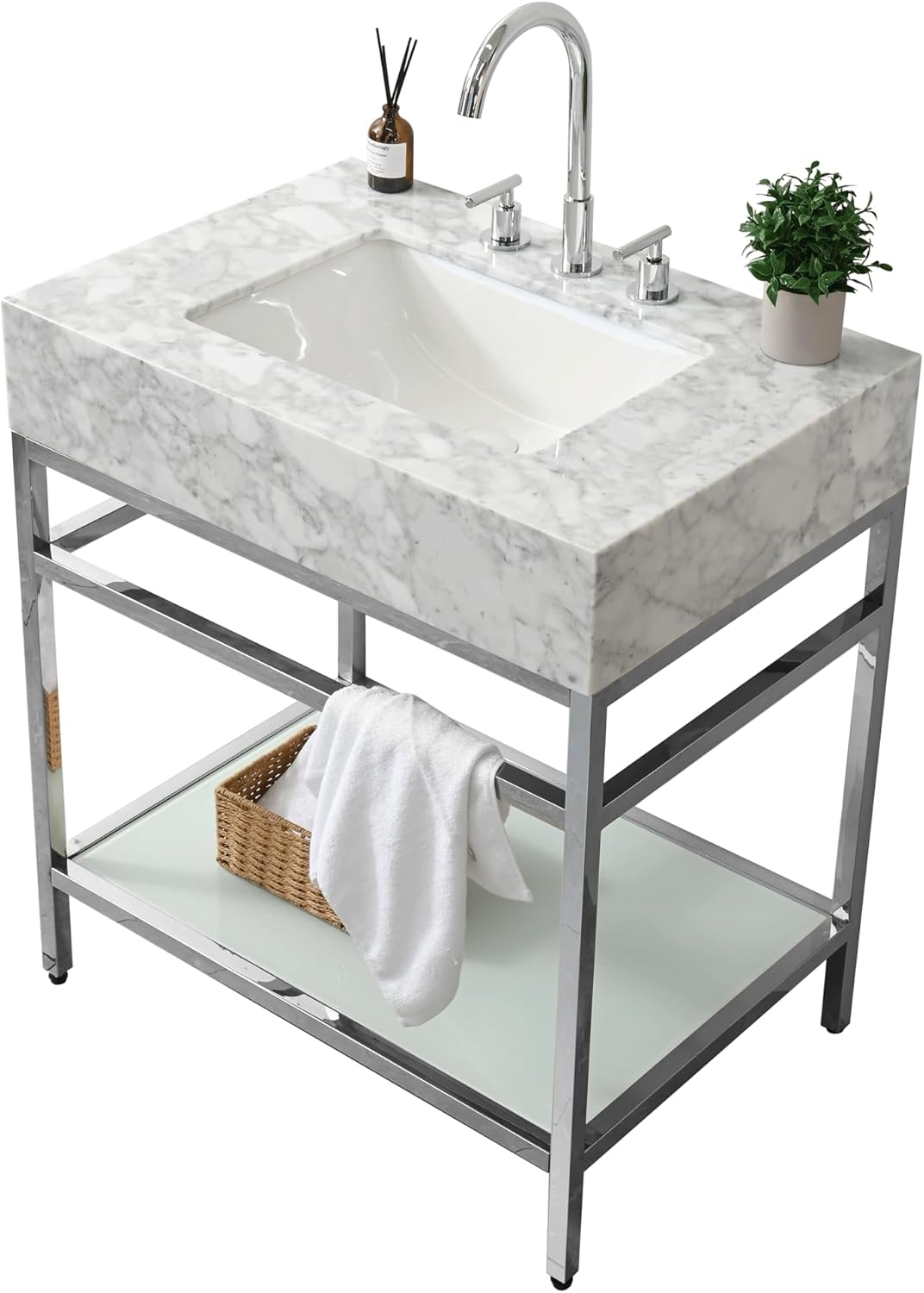Gesipor Bathroom Carrara Marble Vanity with Sink 30" x 21" Freestanding Console Sink with Tempered Glass Shelf Utility Sink for Washing Room Laundry Room (Golden Legs)