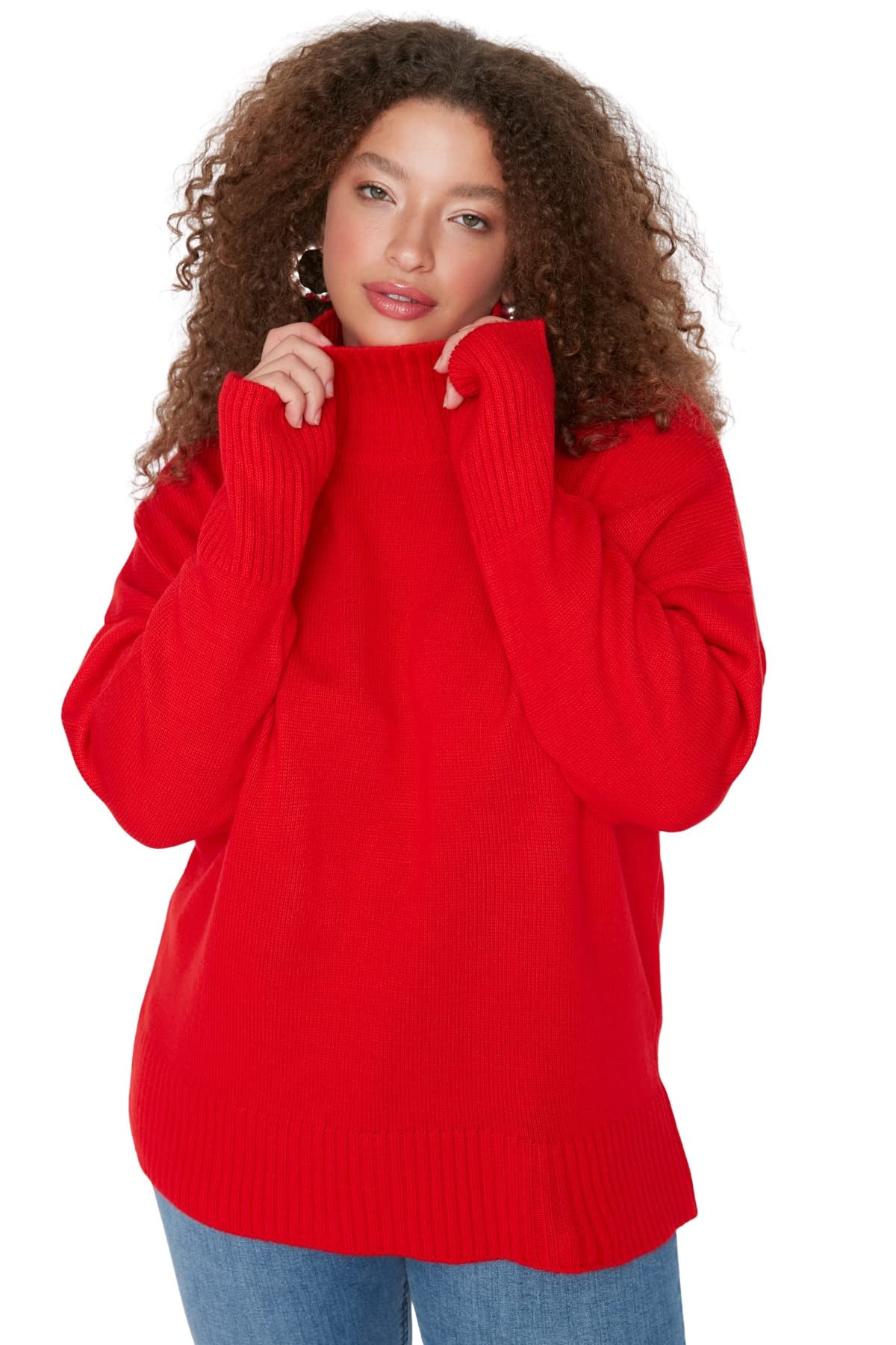 Trendyol Curve Damen Rot Er Schulterfreier Strickpullover Mit Rollkragen Für - 3XL