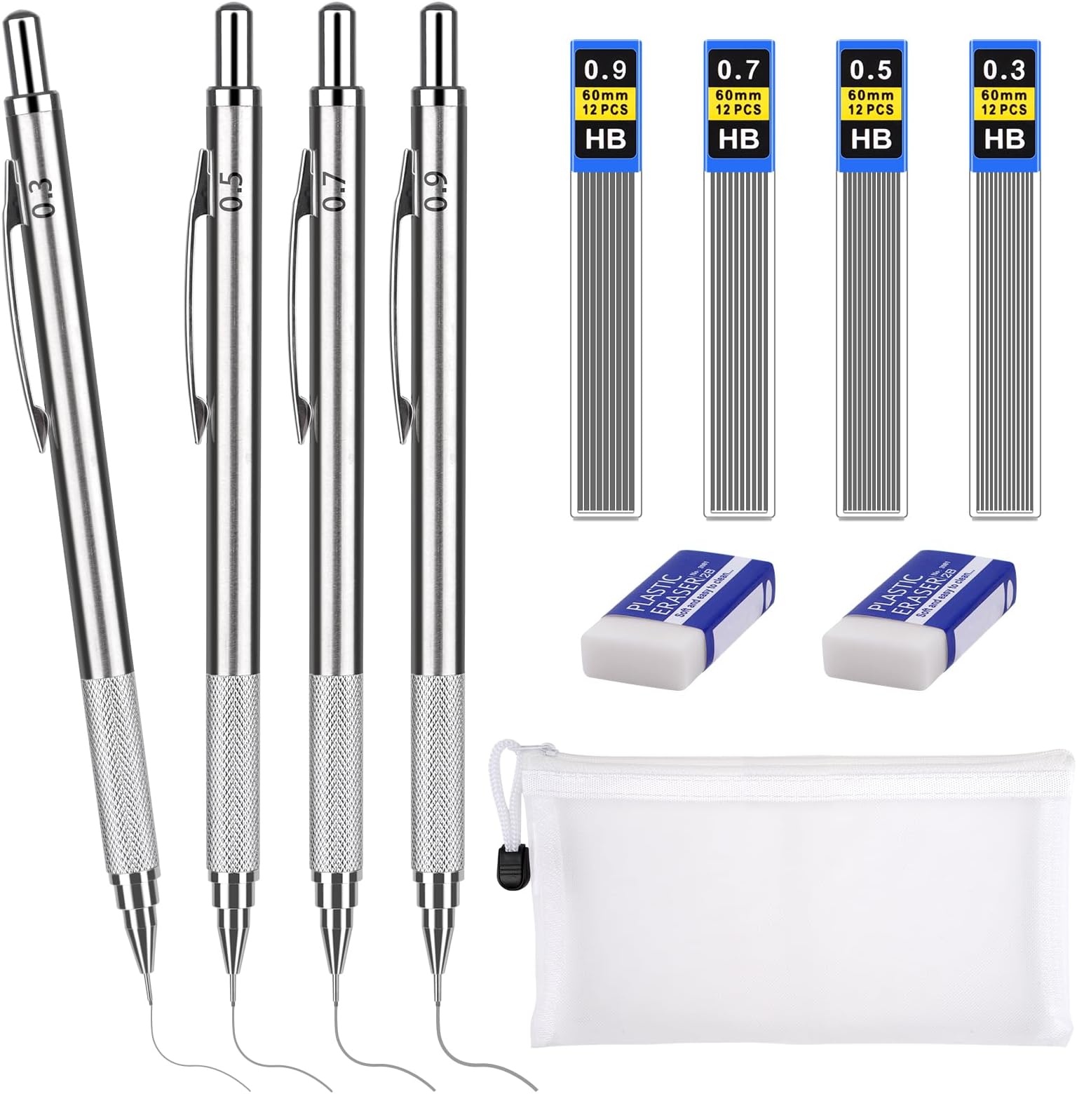 4 Stück Druckbleistift Set 0,3/0,5/0,7/0,9 mm Minenbleistift, 4 Tuben