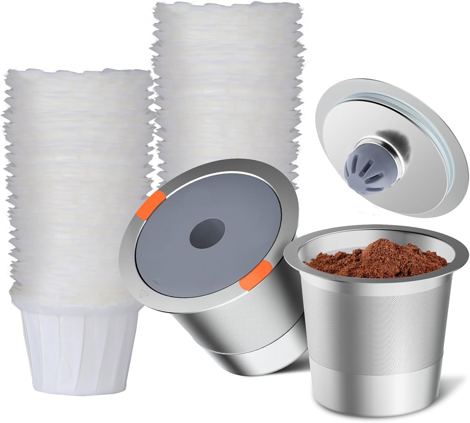 Reusable k Cup Coffee Filters,Universal stainless steel Refillable k Cups Filter Use for K 2.0 and 1.0 Coffee Makers-brewers (2packs+100 counts)