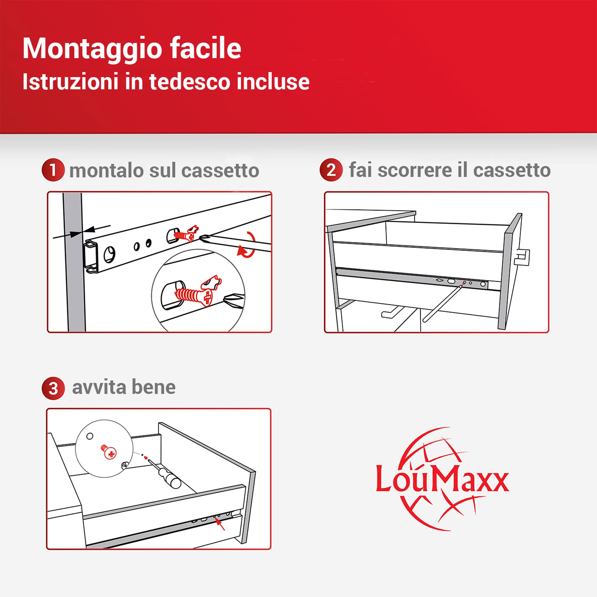 LouMaxx Guide a Sfera per Cassetti, Set da 2 Pezzi (1Paio), Binari Cassetti Scorrevoli 240mm 17mm, Guide a Estrazione, per Cassetti Estraibili, Semplici da Montare