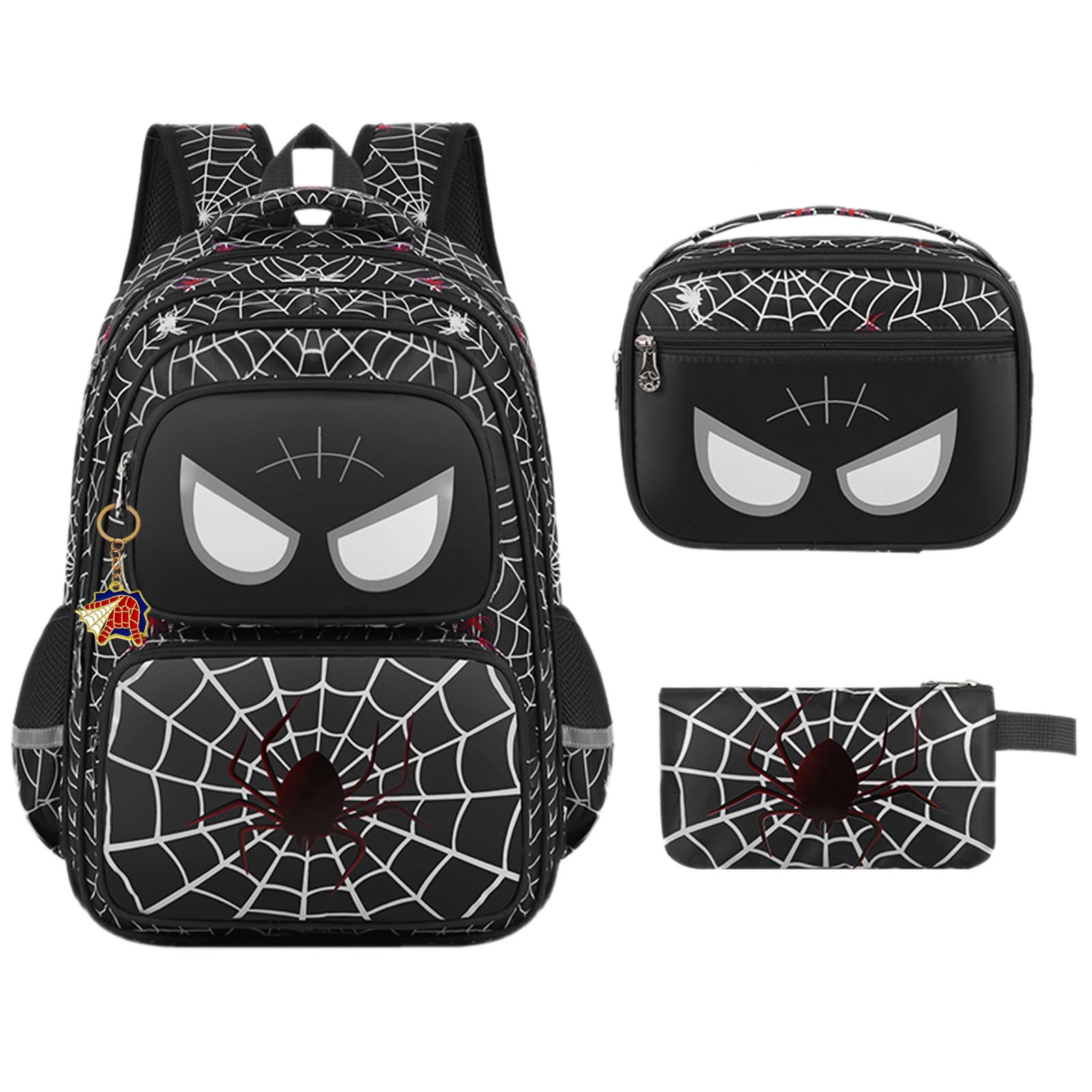 ACEIOT Boys Spider Web Backpack with Lunch Box and Pencil Case, Large Capacity, Black, Cartoon Pattern