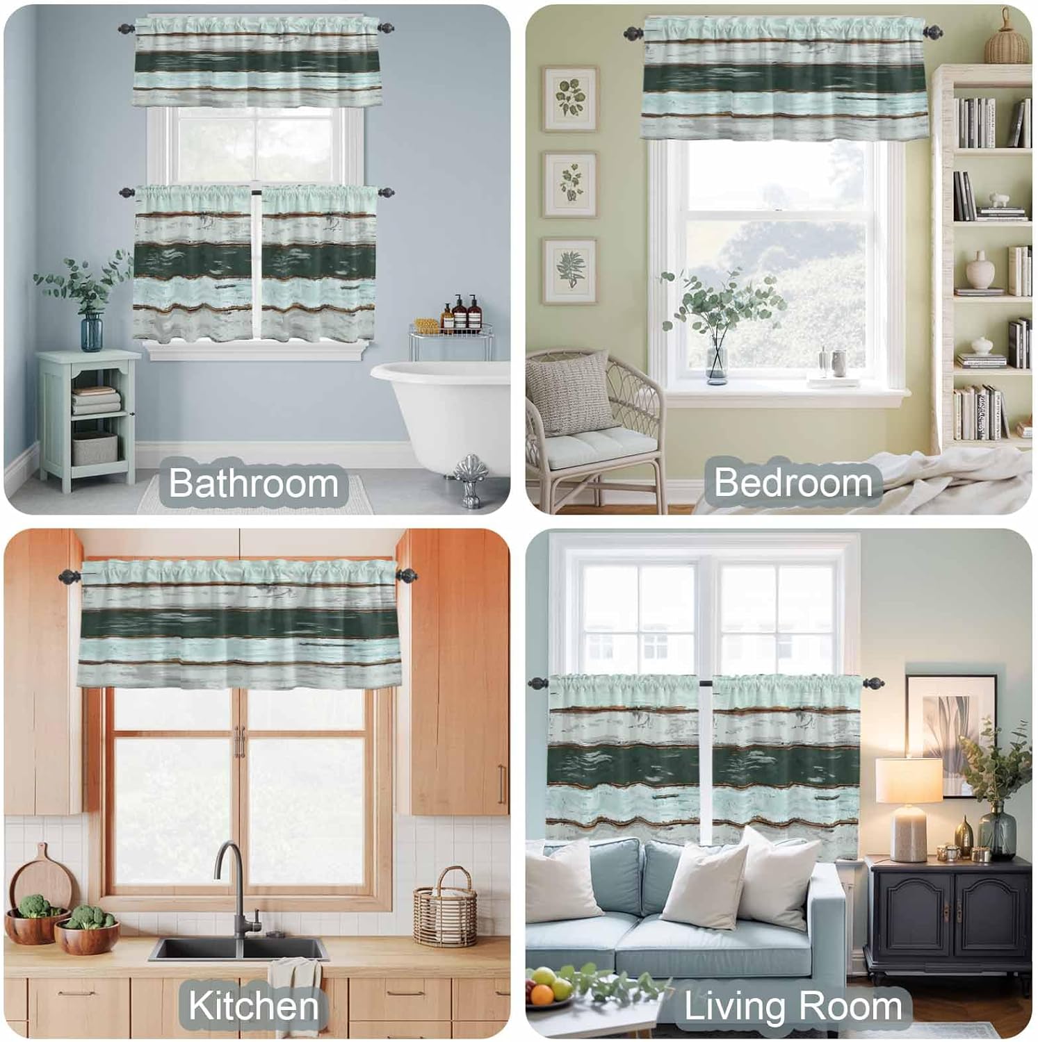 Retro Turquoise Wood Texture Curtains Tiers Valance Window Kitchen Abstract Modern Rod Pocket Light Filtering Treatment Curtain Short Valance Curtain Bathroom Cafe Decor Drapes, (54"x24", 3 Panels)