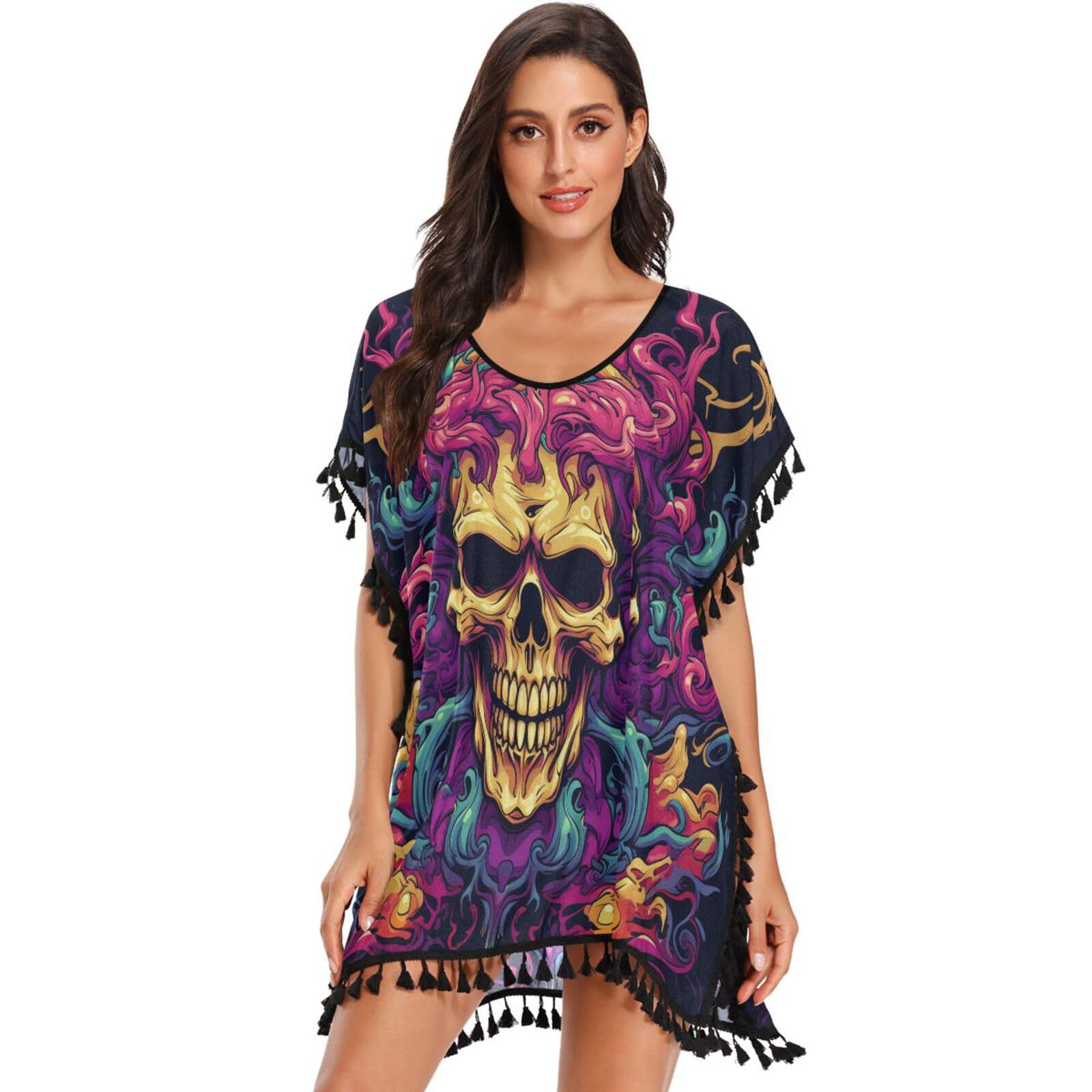 Fire Cool Skull Abstract Art Women's Beach Cover Up Chiffon Tassel Swimwear Swimsuit Coverups for Girl