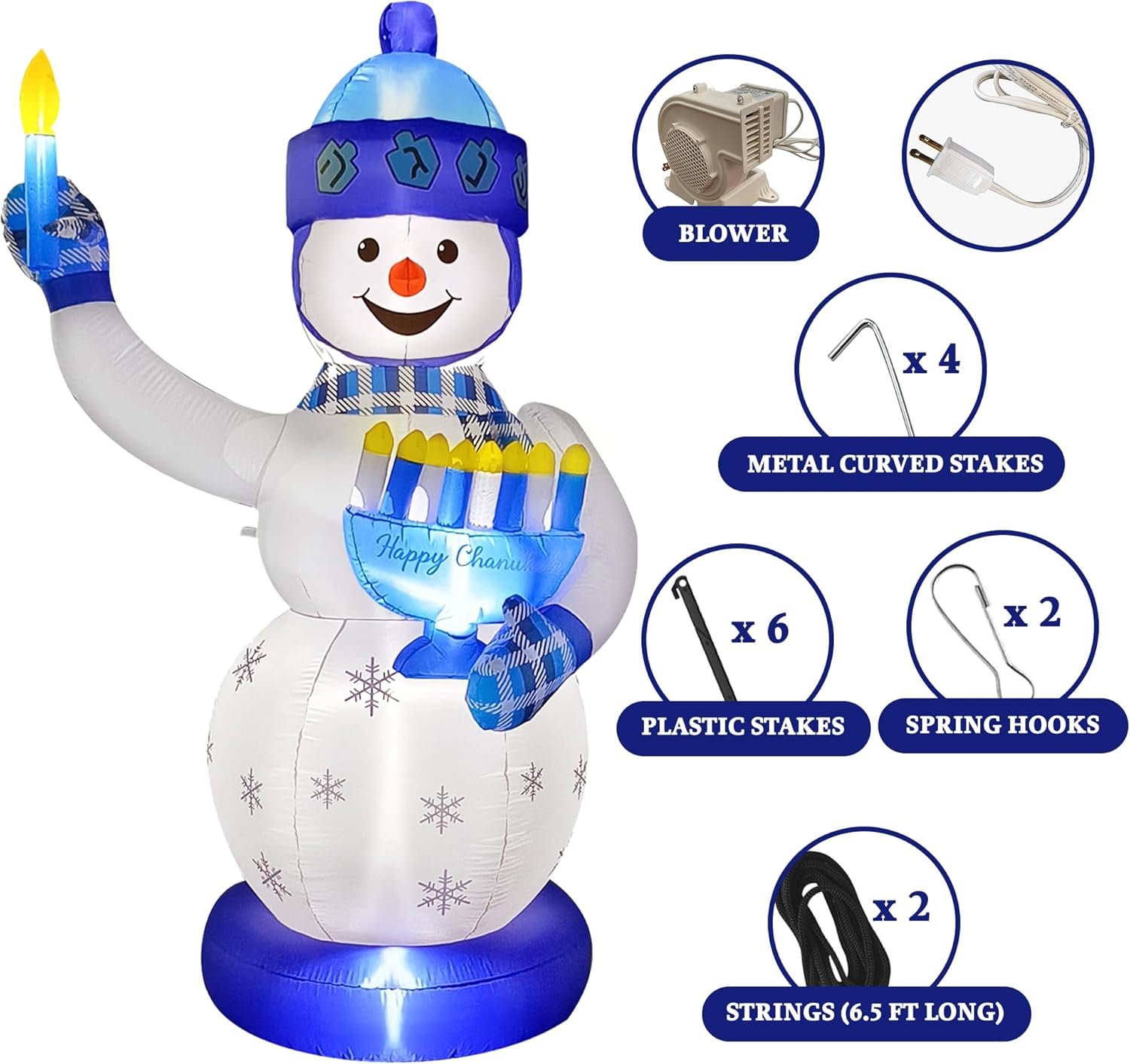 Lighted Hanukkah Inflatable Yard Decoration Huge 7' Ft Tall Snowman Blowup Decorated in a Chanukah Theme Menorah and Candle Indoor and Outdoor Hanukkah Holiday Yard Décor by Zion Judaica