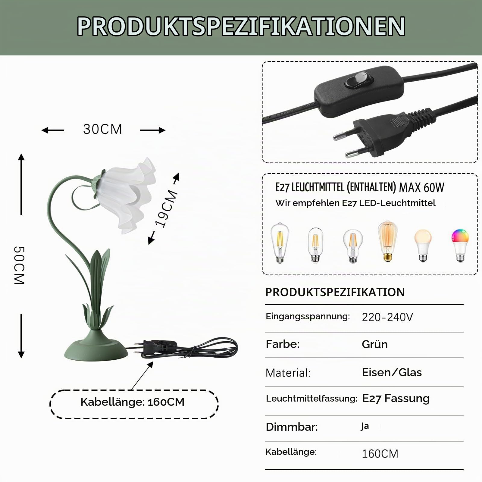 Dimmbare GrüN Nachttischlampe, Acryl Lampenschirm,H50cm | Schreibtischlampe Kinder Mit Maiglöckchen,Retro Leselampe Für Schlafzimmer Mädchenzimmer Schlafsaal Studie,Tischlampe
