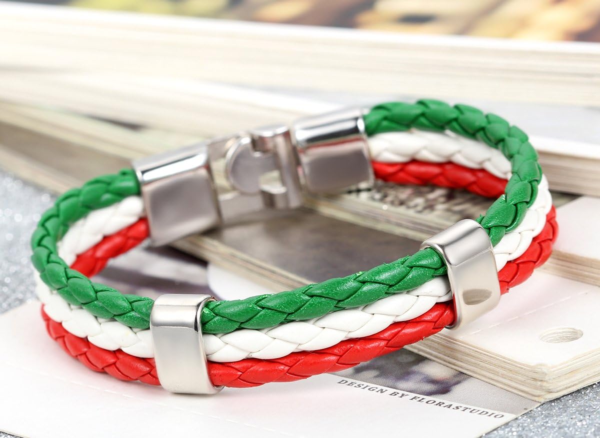 Flongo Men's Biker Red White Green Italy Italian Banner Flag Braided Football Leather Cuff Bracelet Bangle, 8.3 inches