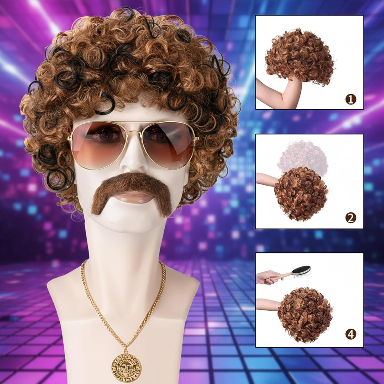 5pcs Disco Costume Set with 70s 80s Disco Wigs, Glasses, Moustache, Chain Necklace & Wig Cap, Short Curly Hair Afro Mens Wig for Retro Dance Parties, Halloween(Blonde Mixed Brown) - Image 4