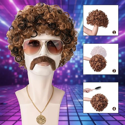Miniatura 4 de 5 pelucas rizadas para hombre, peluca afro disco de los años 70 y 80, disfraz de rock, barba marrón, lentes de discoteca, collar para hombres o