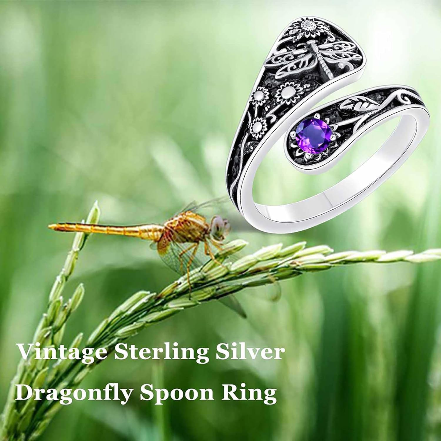 Genuine Amethyst Spoon Ring for Women 925 Sterling Silver Butterfly/Bee/Dragonfly/Eagle/Bird Spoon Rings Real Amethyst Jewelry for Her Wife - Image 8