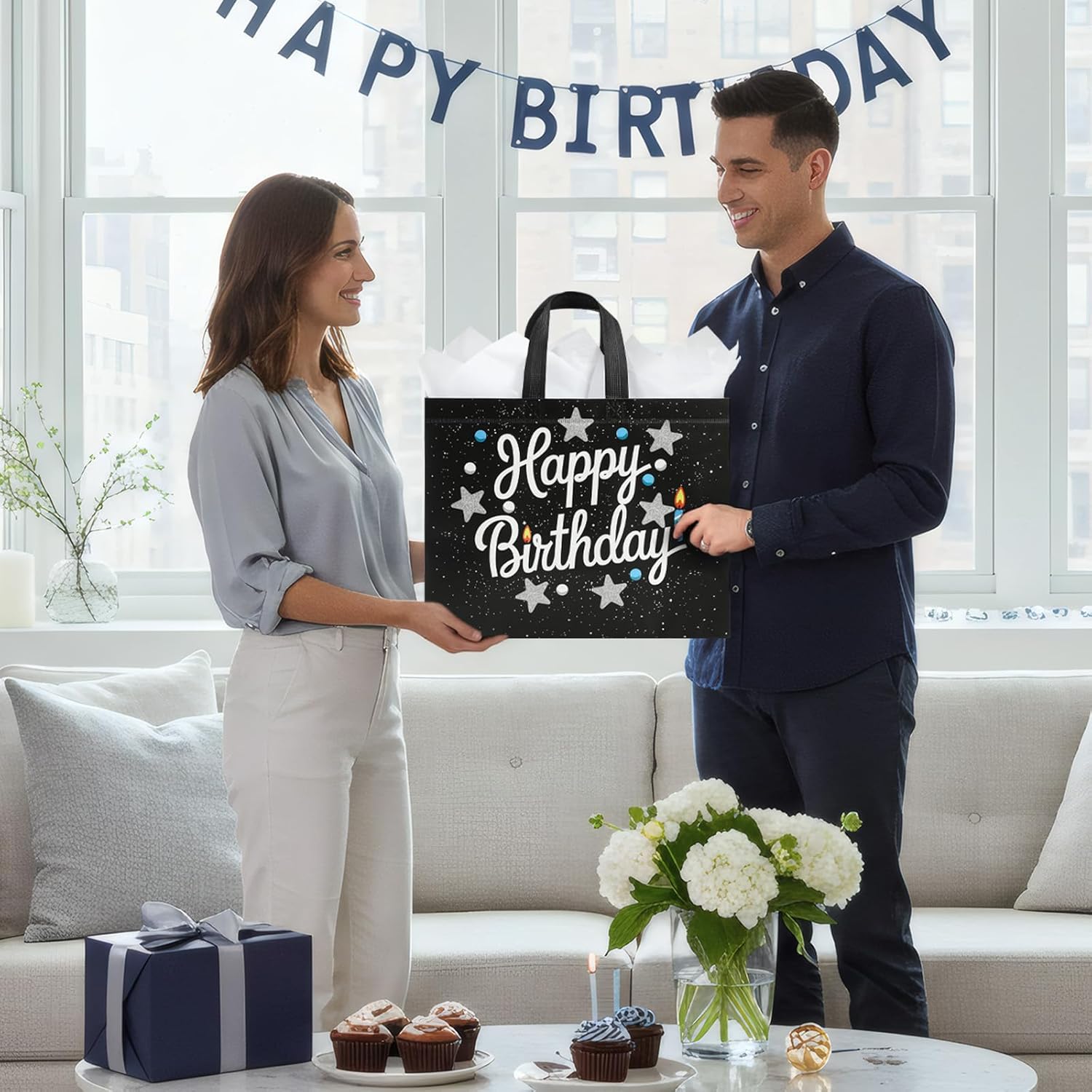 STYPOP 6 Pack 13" Large Birthday Gift Bags with Tissue Paper & Cards, Reusable Non-Woven Happy Birthday Bags with Handles, Perfect Gifts for Men, Boy, Kids, 12.8" x 10.2" x 6.3"
