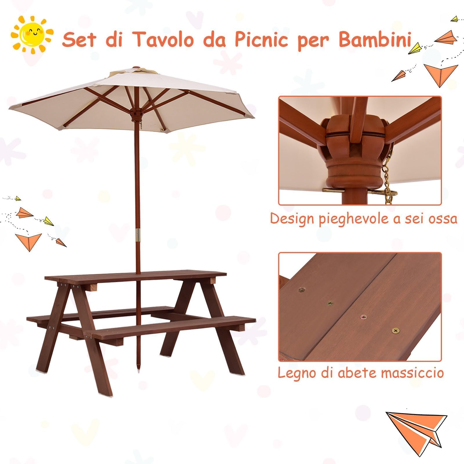 GYMAX Set Tavolo da Picnic e Panca per Bambini, Tavolo da Gioco in Legno di Abete con Ombrellone Rimovibile e Pieghevole, per Giardino Cortile Patio, Bambini (Stile 2)
