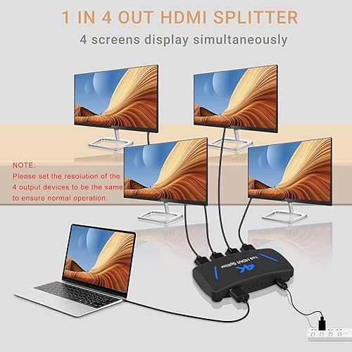 Miniatura 3 de avedio links Divisor HDMI 4K 1 en 4 salidas, divisor HDMI 1x4 duplicado/pantalla de espejo, divisor HDMI de 4 puertos alimentado, soporte 4Kx2K