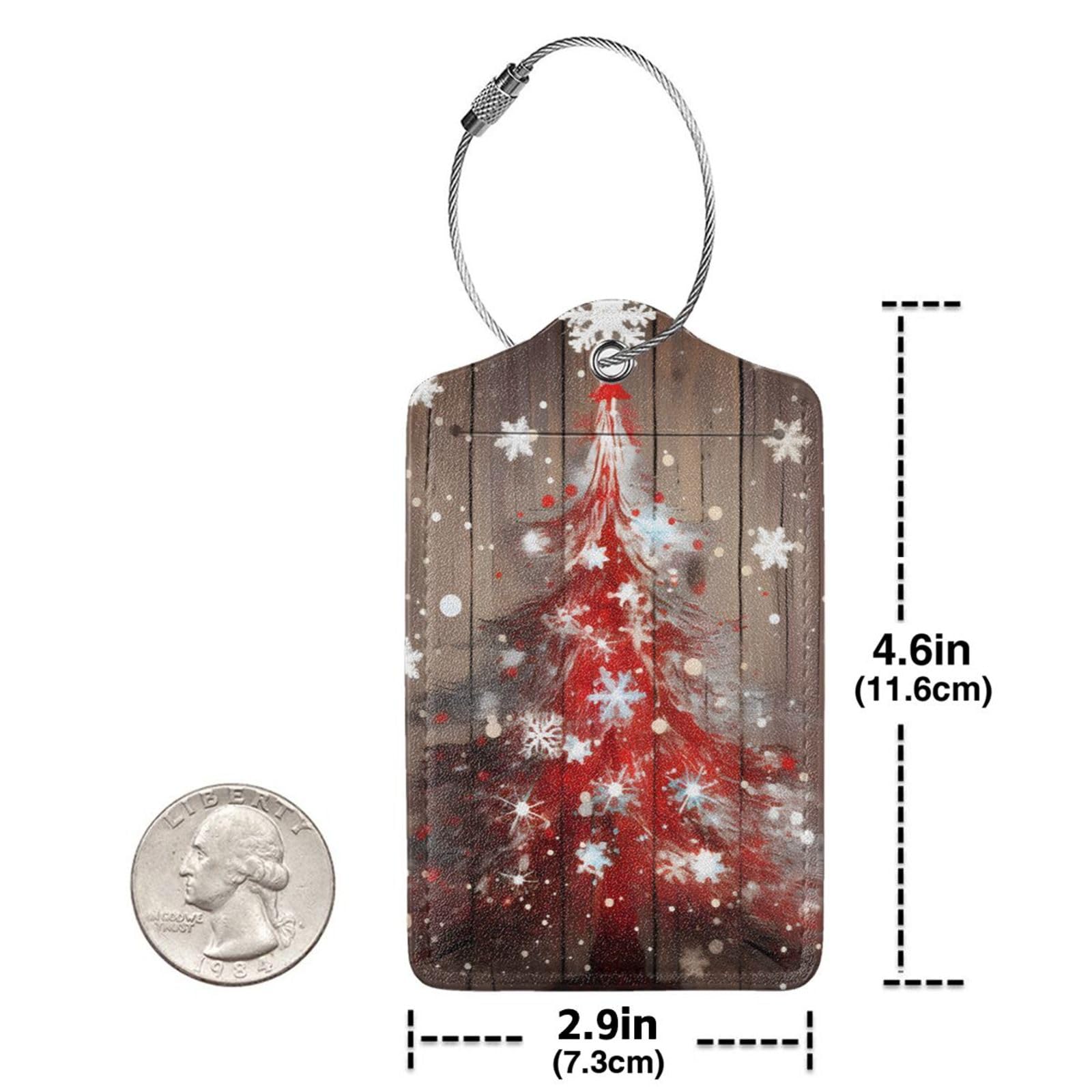 4 etiquetas de equipaje de piel sintética para maleta, árbol de Navidad rojo en tablero de madera, etiqueta de equipaje con lazo de acero inoxidable, etiqueta de identificación de cubierta de
