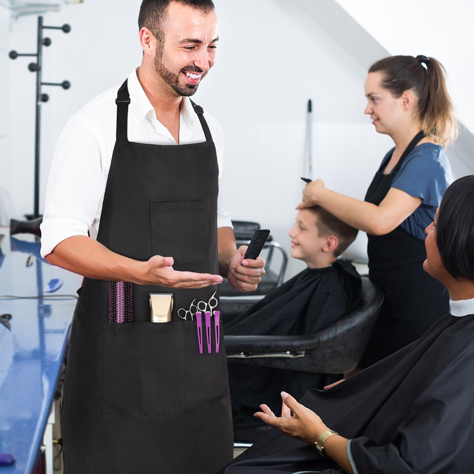 Noverlife Friseurschürze mit 4 Taschen, haarabweisende 34 Zoll lange Friseurschürze mit verstellbarem Riemen, maschinenwaschbare Salon-Schürze, multifunktionale Stylisten-Arbeitsschürze für Friseure