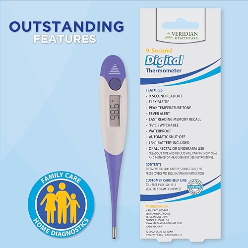 Miniatura 3 de Veridian Healthcare Termómetro digital Lectura de 9 segundos Fahrenheit y Celsius Punta flexible