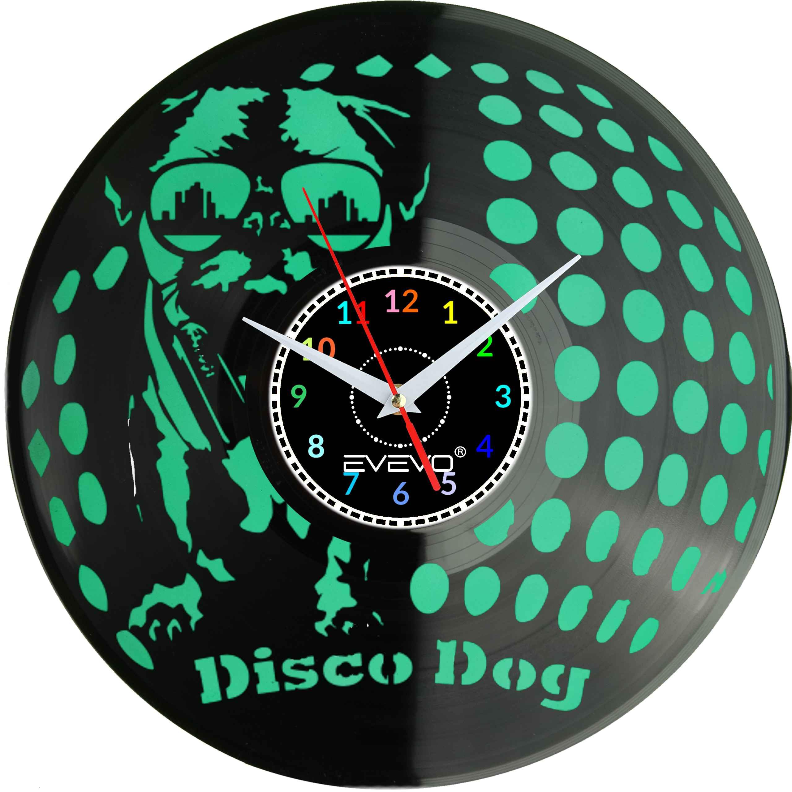 ZEGAR ŚCIENNY MOPS MOPSIK MOPSIĄTKO PUG PIES FLUORESCENCYJNE TŁO PŁYTA WINYLOWA PREZENT UPOMINEK URODZINY SOUVENIR EVEVO F0032