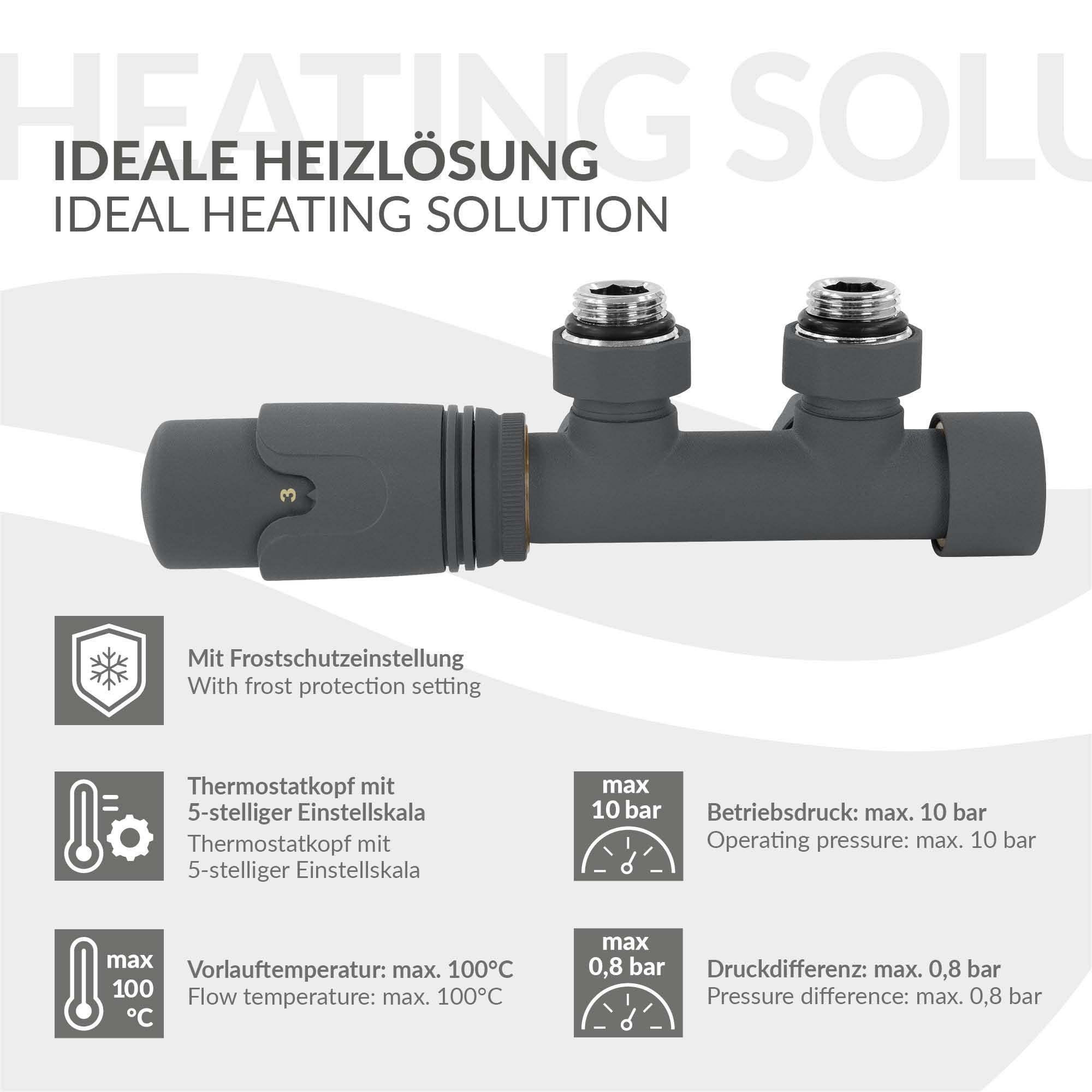 ECD Germany Afsluiterset Multiblok antraciet doorgangsvorm incl. thermostaatkop voor badkamerradiatoren met middenaansluiting - aansluitset radiator doorgangsleidingen vanaf de vloer met thermostaat