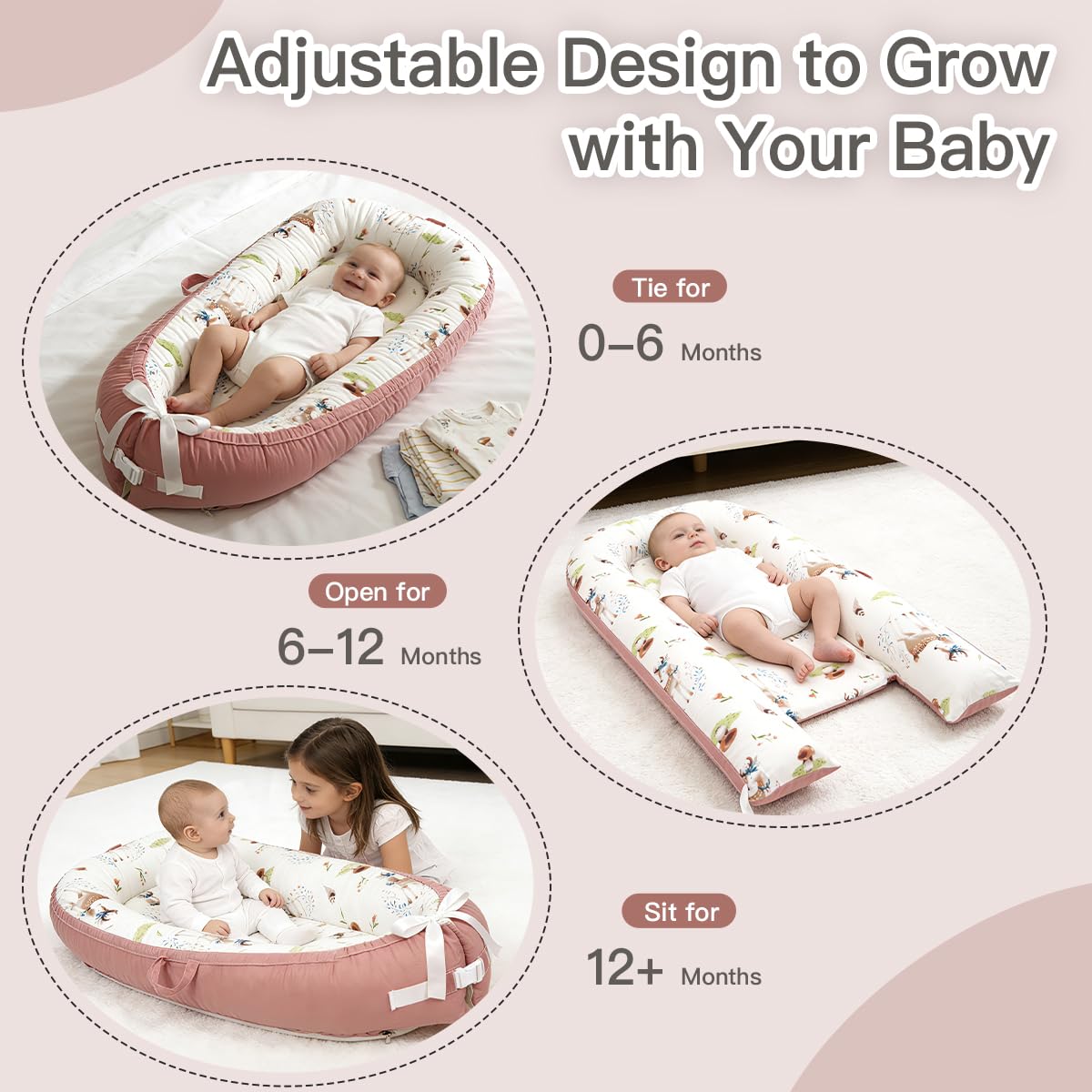 Baby Lounger | Organic Cotton Infant Lounger | Reversible, Adjustable & Portable Floor Lounger | Soft, Breathable, Washable Cover