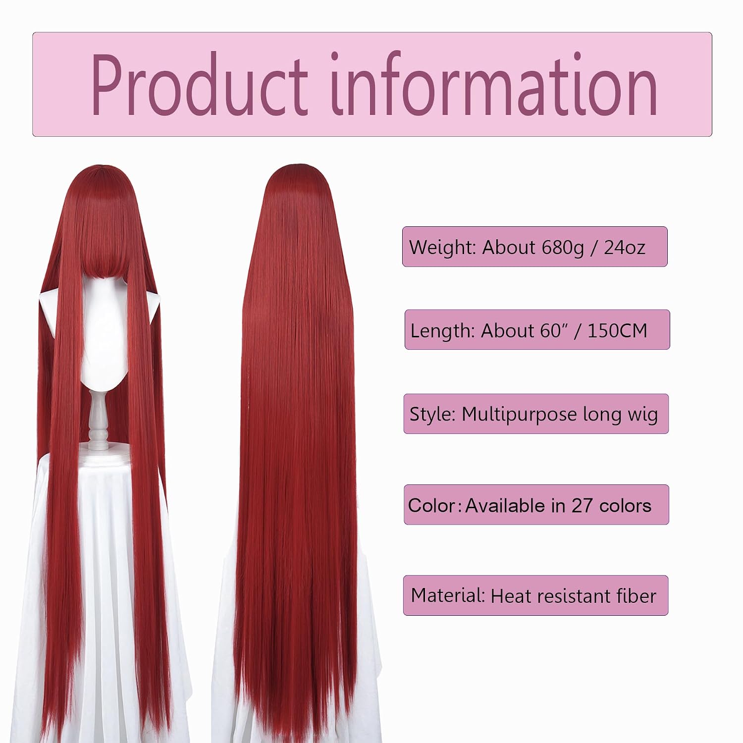 60” / 150CM Extra Long Straight Wig with Bangs Synthetic Hair Cosplay Wigs for Women Halloween Party Costume Wigs (Red 20)