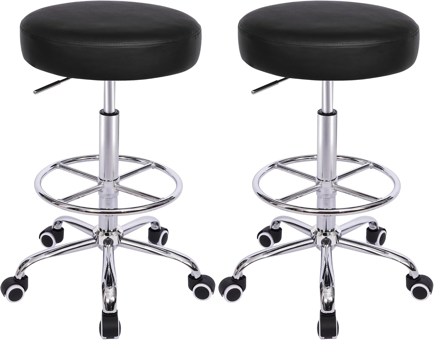 VECELO Round Rolling Stool with Footrest and Wheels, Easy Assembly PU Leather Height Adjustable Drafting Swivel Chair for Spa Salon, Office, Medical, Beauty, Bar, Lab, Black, Set of 2