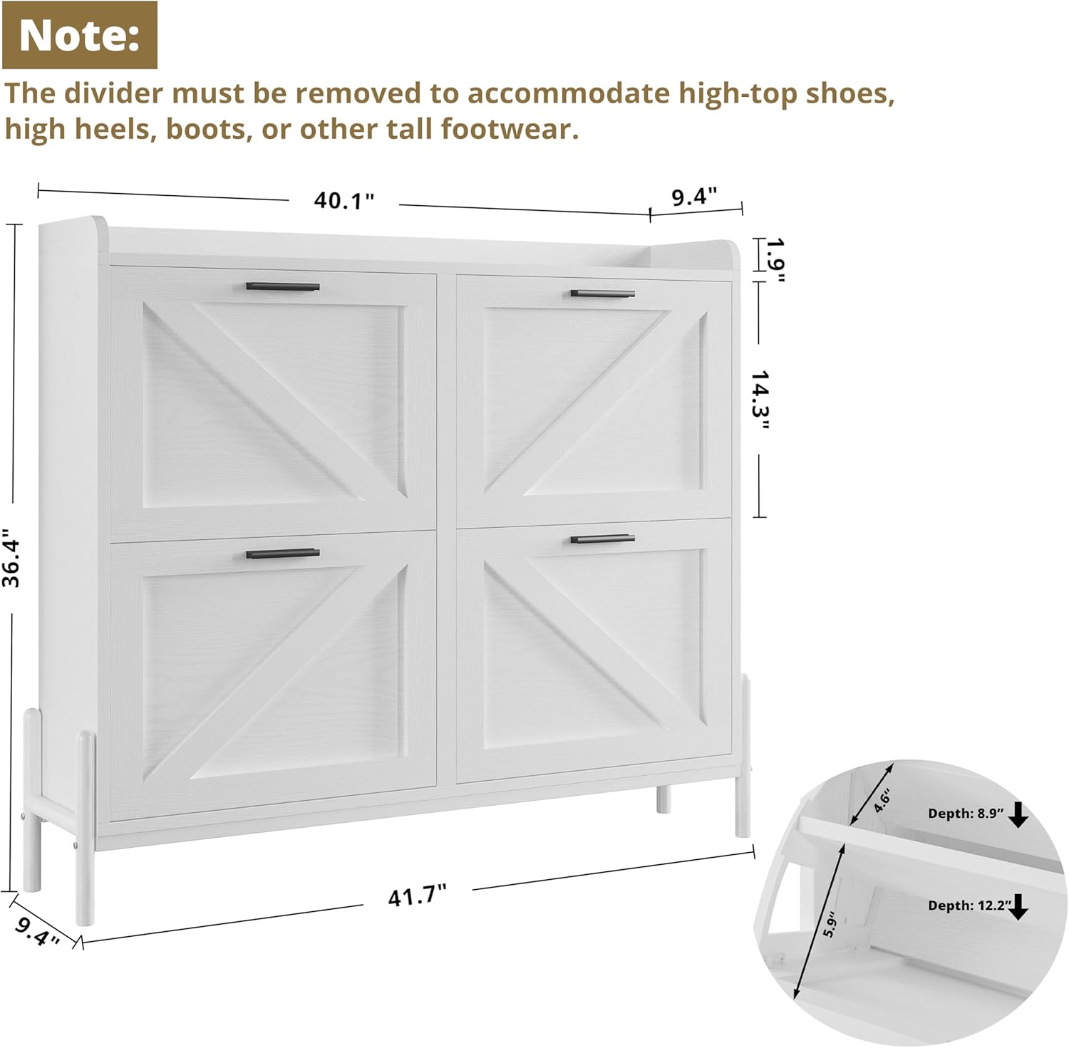 Diagram showing the dimensions of the IRONCK Shoe Cabinet: 41.7 inches wide, 9.4 inches deep, and 36.4 inches high. Also shows internal drawer dimensions.