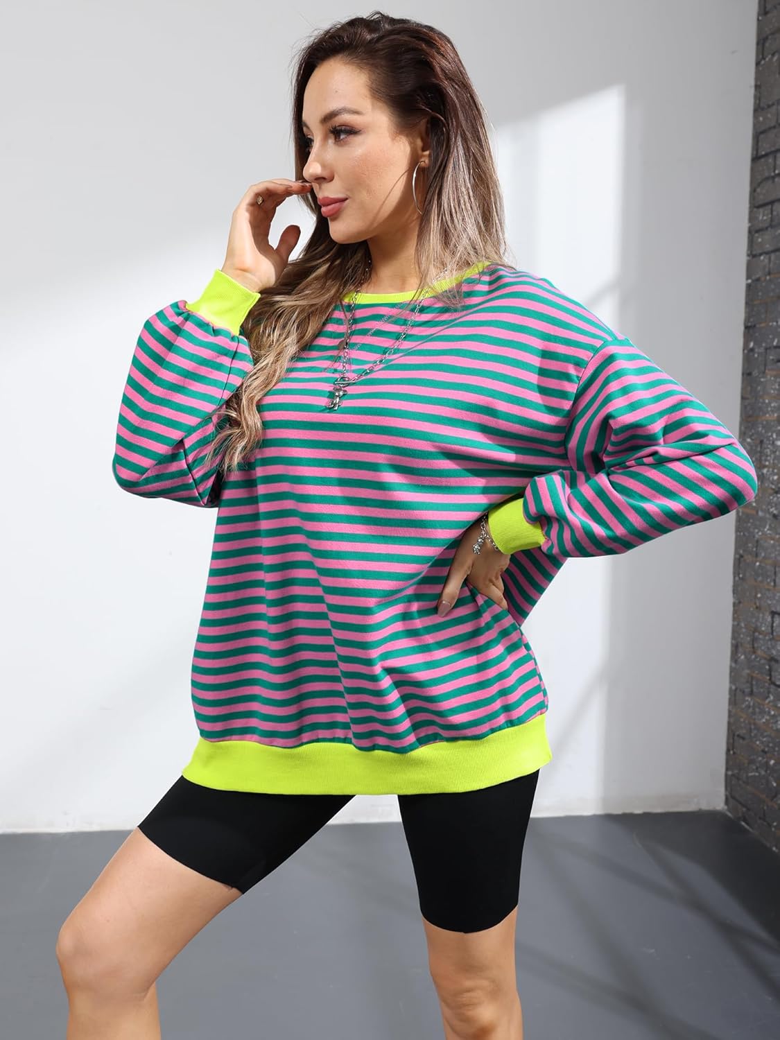 HDLTE Womens Oversized Striped Sweatshirt Crewneck Classic Color Block Long Sleeve Casual shirt Fashion Loose Pullover Tops - Image 3