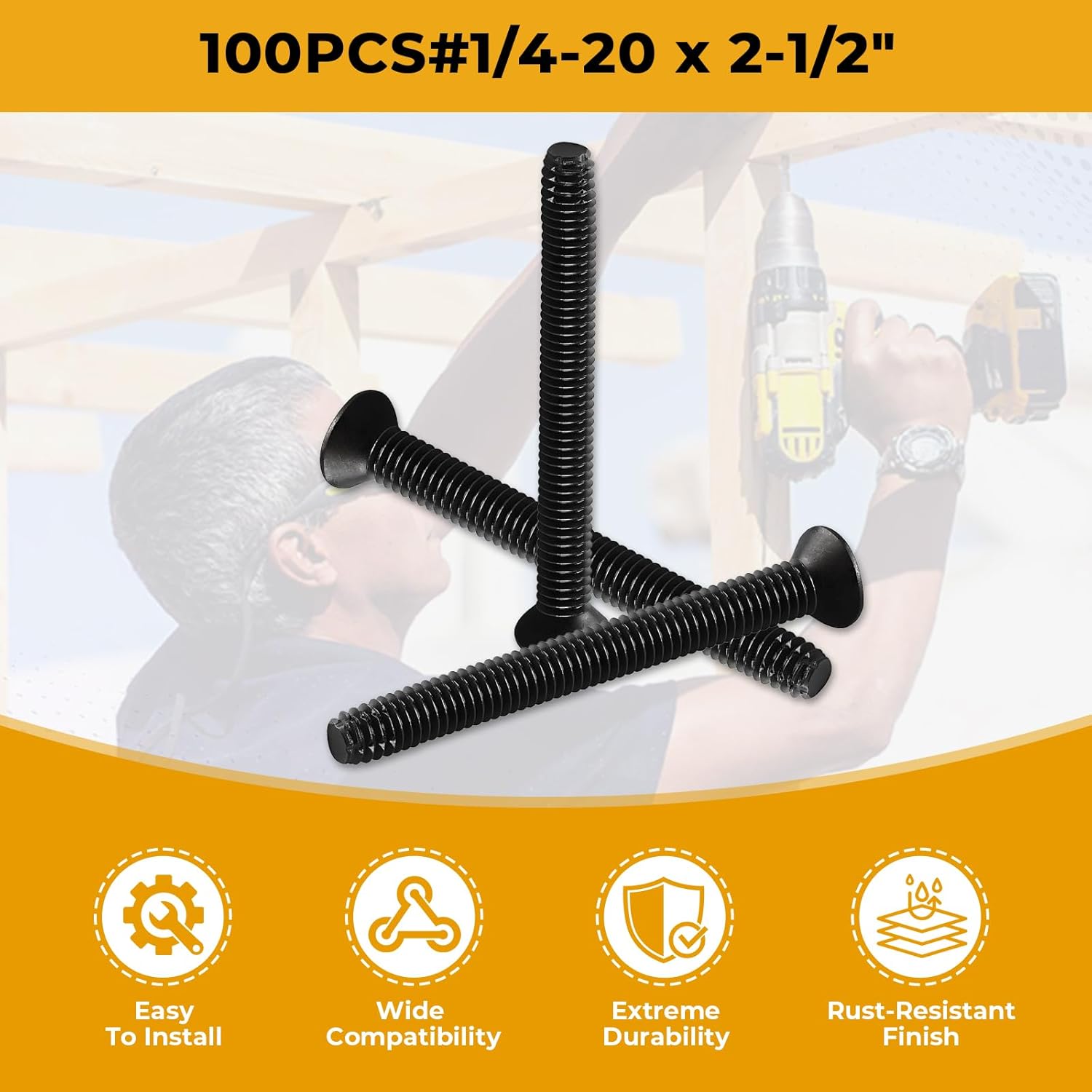 Craedli 1/4-20 x 2 1/2'' Trailer Deck Screws,Flat Head Floorboard Screws, Type F, (Star - Six Lobe - Torx Drive), Black Phosphate Finish, Countersunk，Pre-Drilling Required (100pcs)