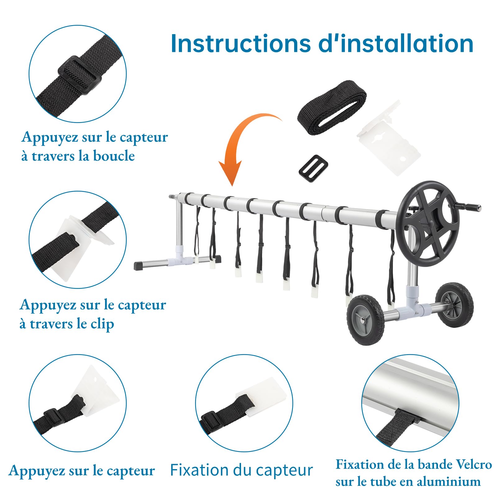 LEADZM Enrouleur de Bâche de Piscine 3,6-5,5m,Professionnel en Aluminium Premium,Système d'enroulage pour Bâche Solaire,Télescopique Enrouleur Mobile,avec Roues Pleines,Argent Noir