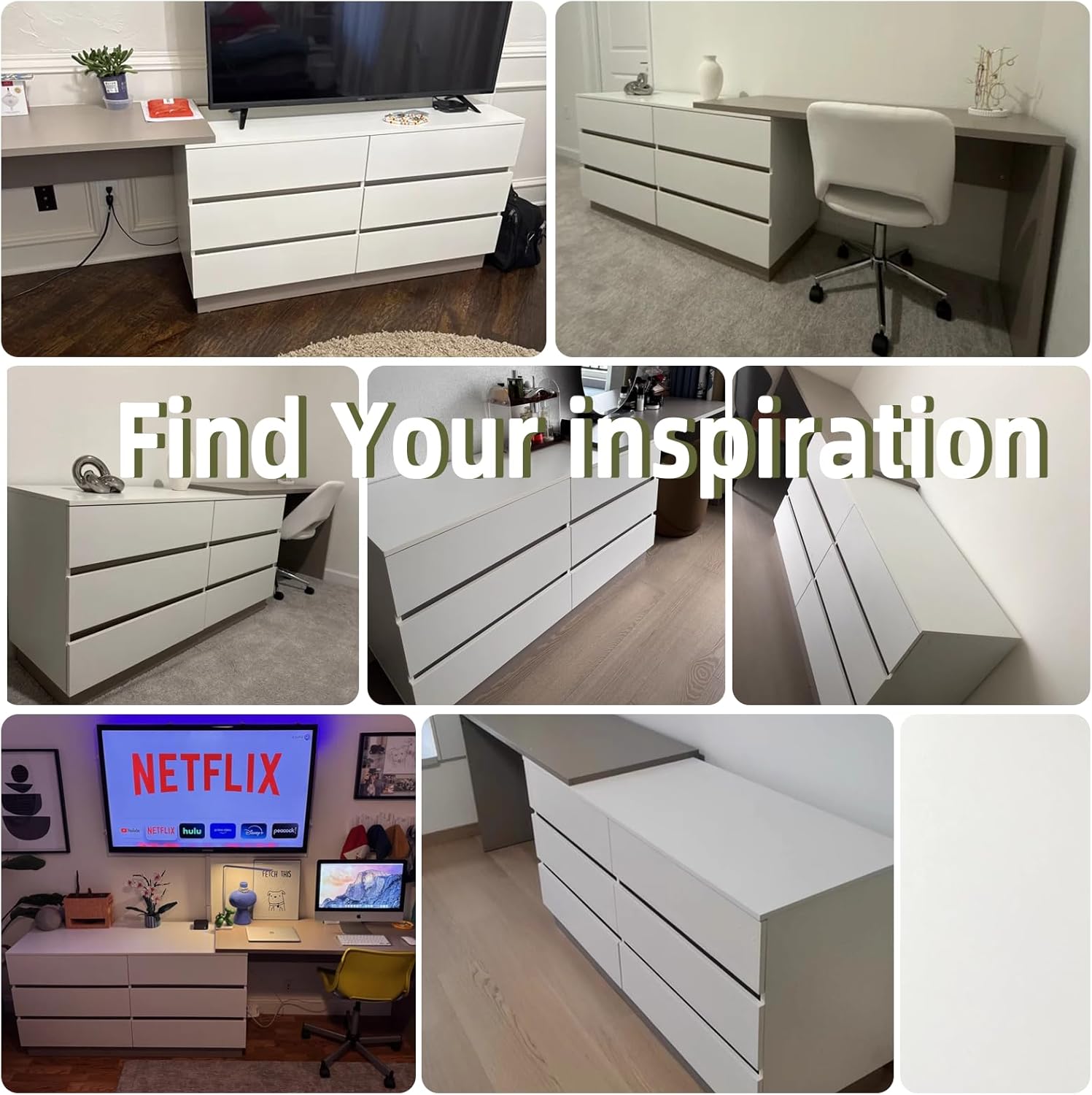 Modern L-Shaped Rotating Computer Desk 97.63 x 19.68 Inch with 6 Drawers with 51 Inch Document Cabinet, Learn to Write, Reversible Layout, Desk Dresser Combo for Home Office Furniture