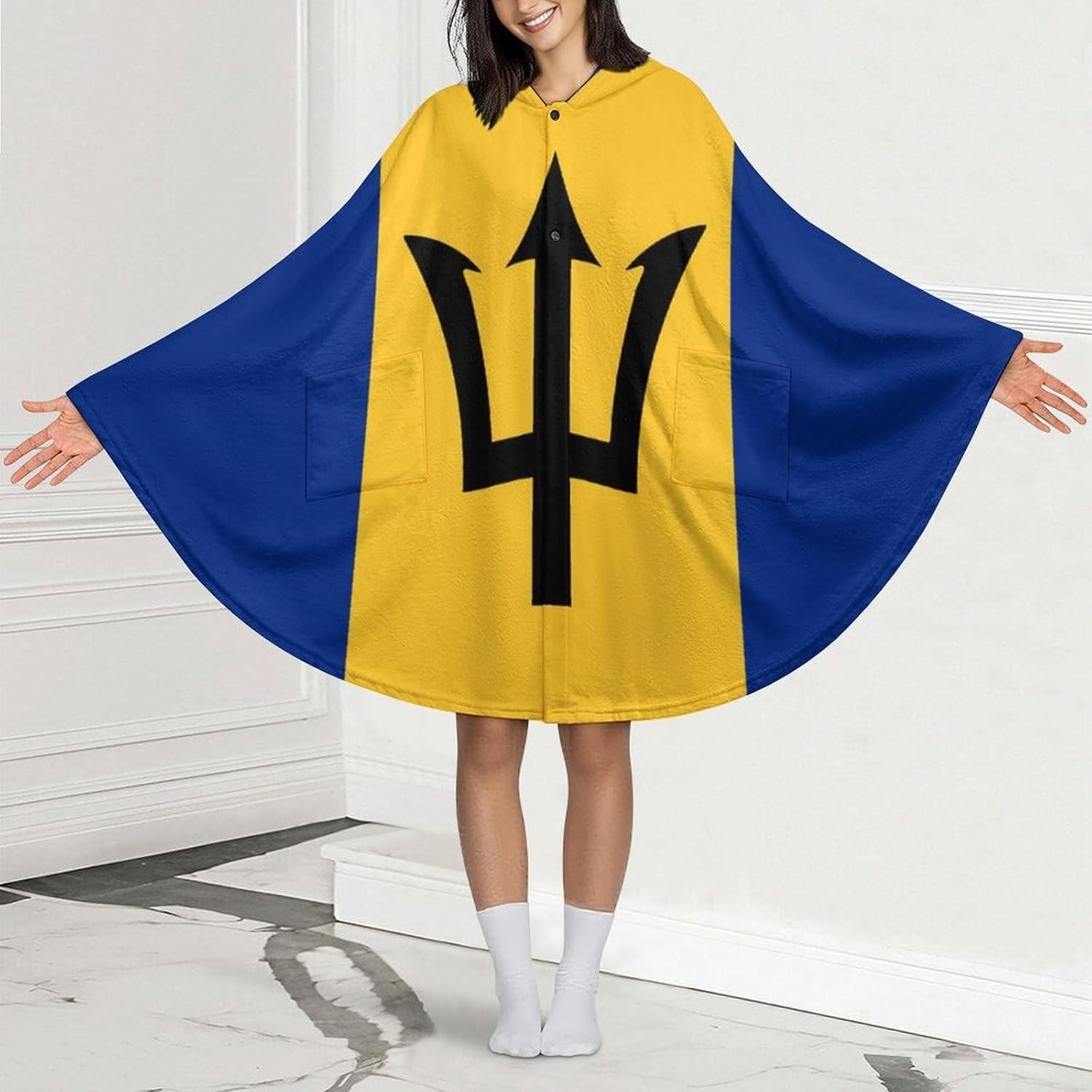 Barbados Flag Wearable Blanket with Hooded Flannel Blankets Cape with Pocket