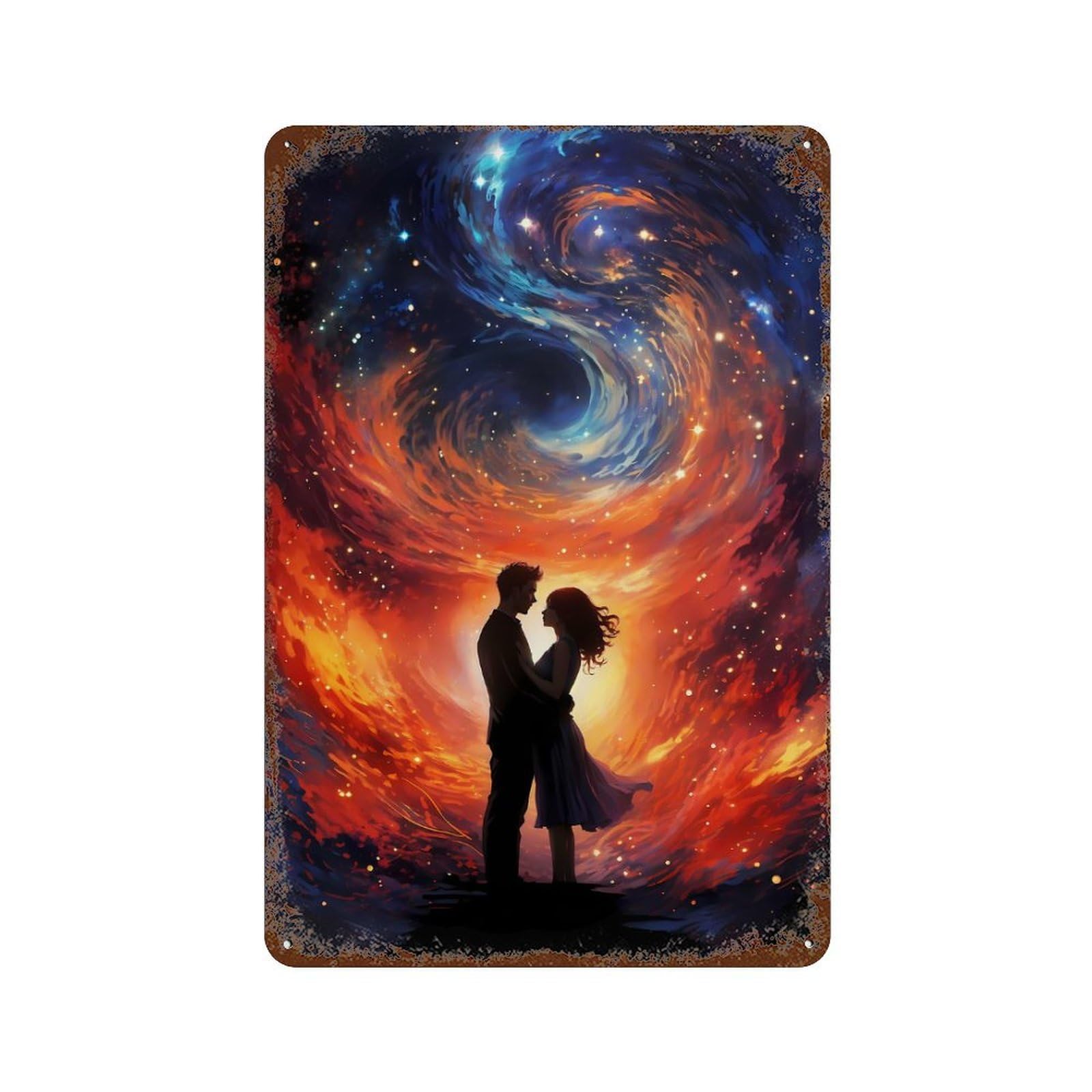 Galactic Embrace Rust Effect Tin Sign 11.8"x7.9", Novelty Wall Decor for Patio, Garden Room And Bar Decor