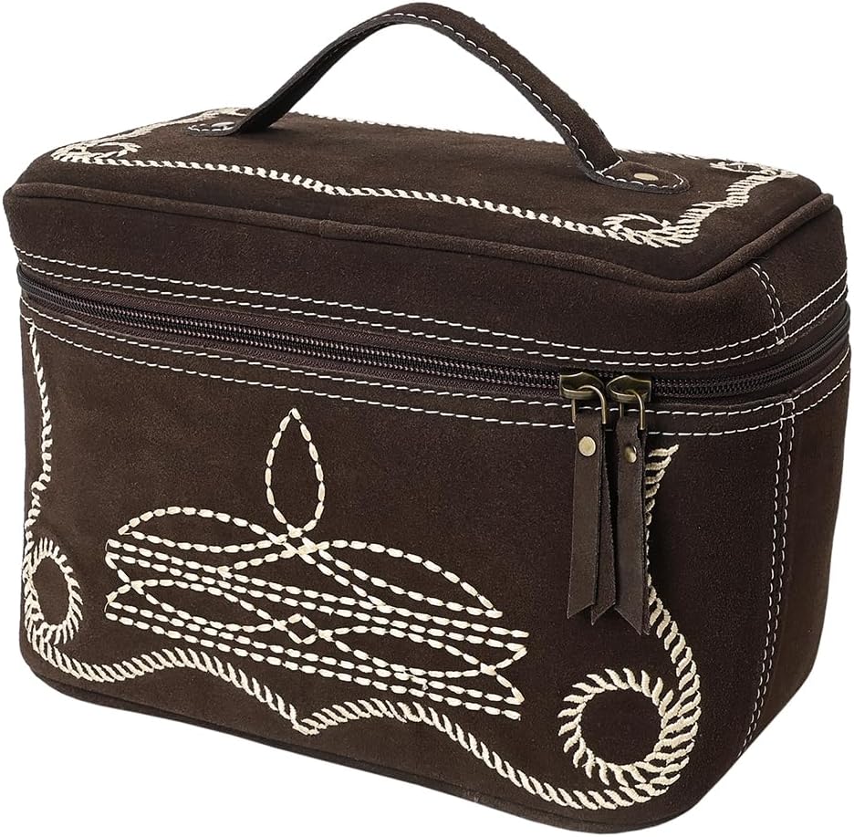 American Darling Genuine Suede Leather Jewelry Case Boot Stitched Embroidery Vegetable-Tanned Western Travel Organizer