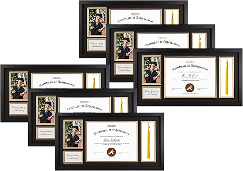 Golden State Art, Marco de diploma negro de 11 x 22 pulgadas con soporte de borla para diploma de 8.5 x 11 pulgadas y foto de 4 x 6 con madera