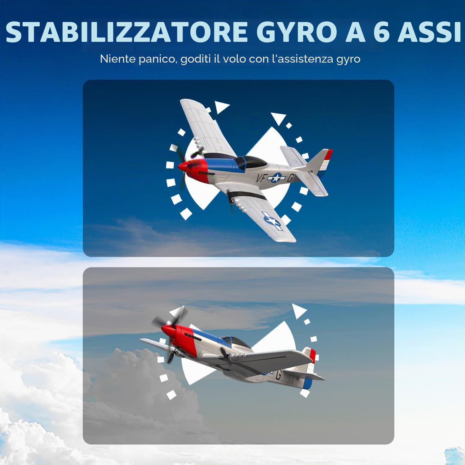 volantexrc P51D Mustang 3 Canali AereoRadiocomandato RTF con 2 Batterie 3CH RC Plane RTF RC Giocattolo aliante per Principianti, Bambini, Adulti