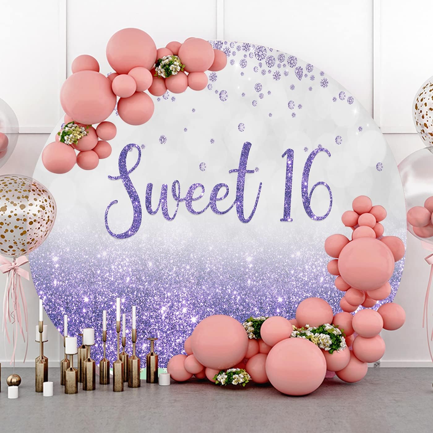 Sweet 16 Round Backdrop Cover, 7.2x7.2ft Polyester Girl Sweet 16 Birthday Party Circle Backdrop, Chic Circular Purple Ombre Glitter Violet Background YMBLSPH35