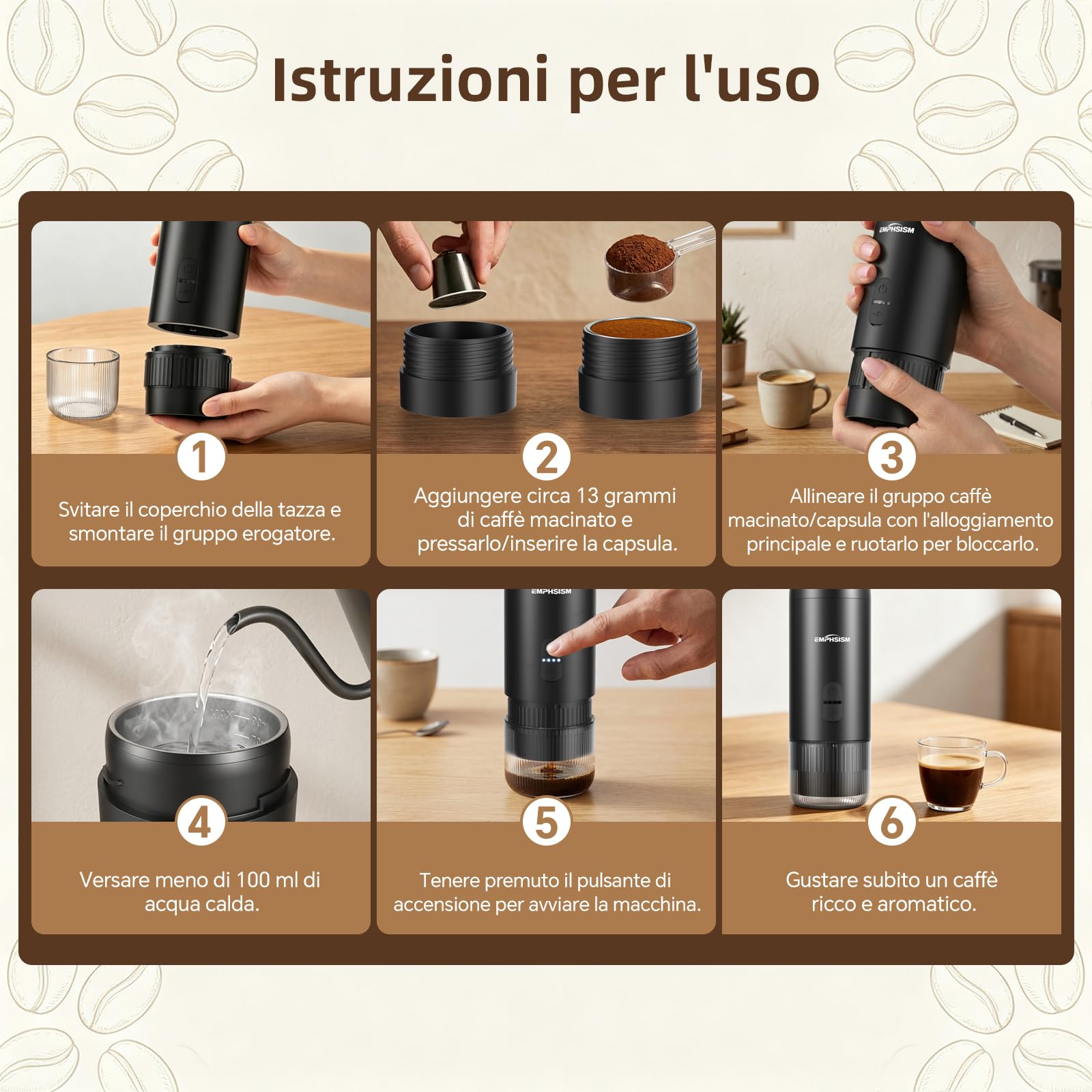 Mini macchina da caffè espresso portatile per capsule e caffè macinato – Mini macchina da caffè con batteria per viaggio, campeggio, ufficio, camper, macchina da espresso 20 bar da portare con sé con