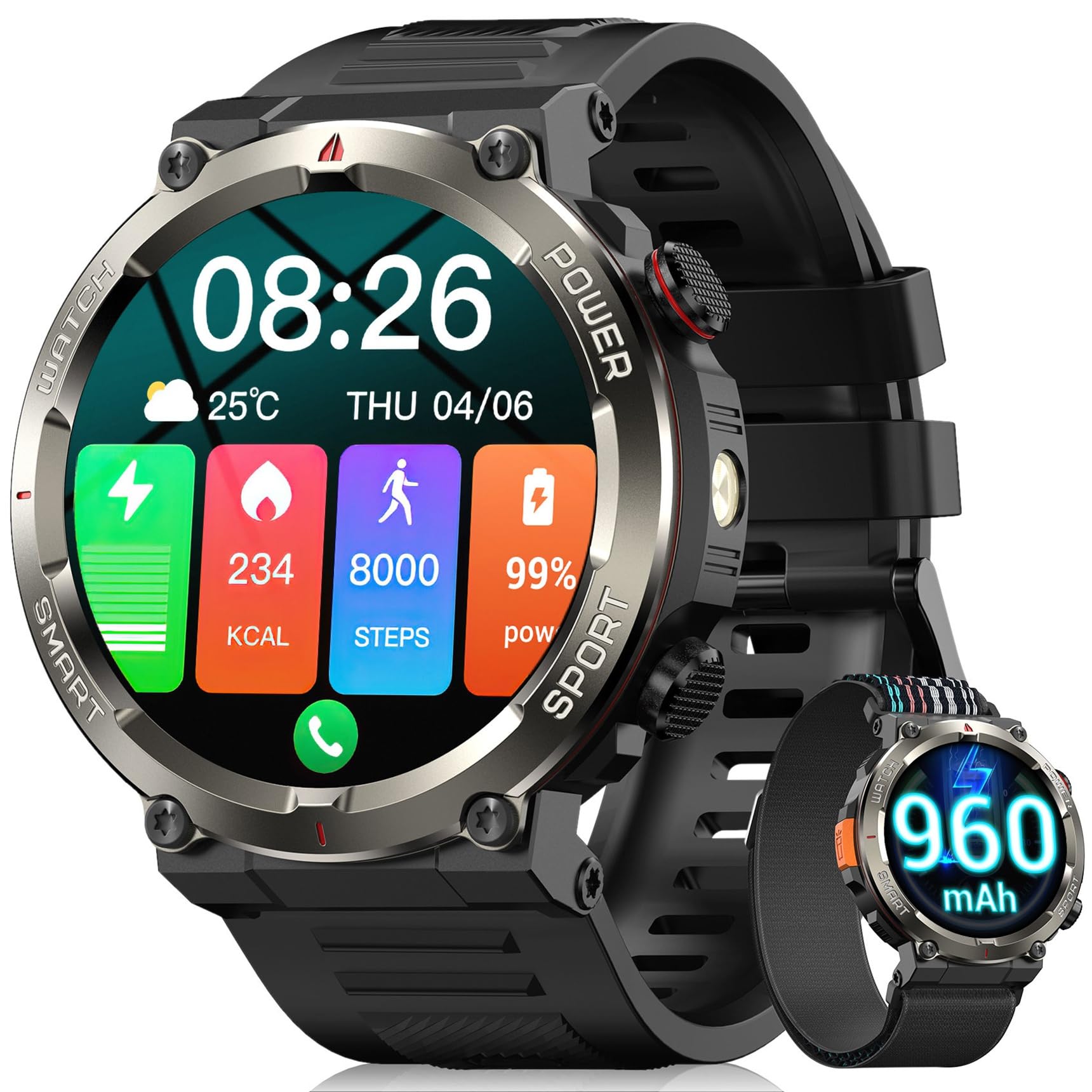 Reloj Inteligente Hombre con Llamadas con Linterna y Brújula, 960mAh Batería 1.45″ Militar Smartwatch Hombre con,123 Modos Deporte,Monitor Cardíaco 24h/SpO2/Sueño,Podómetro,IP68,2Correas(iOS/Android)